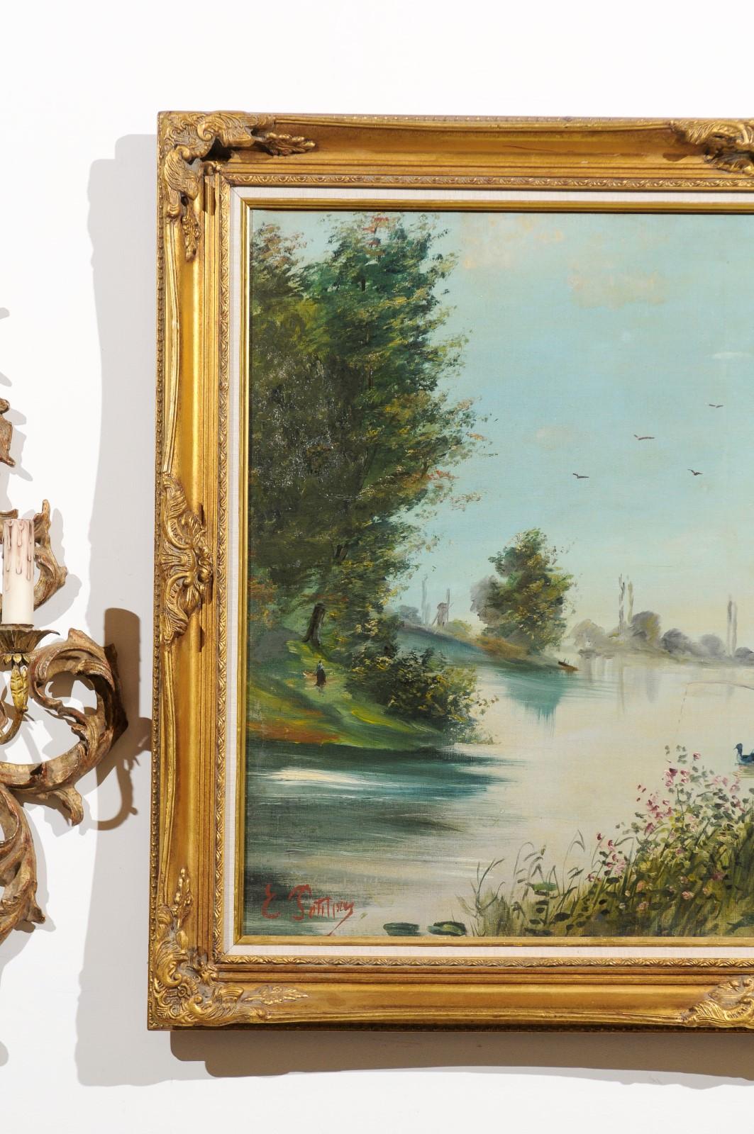 20th Century Signed Eugène Petitpas 1902 Oil on Canvas Landscape Painting in Giltwood Frame For Sale