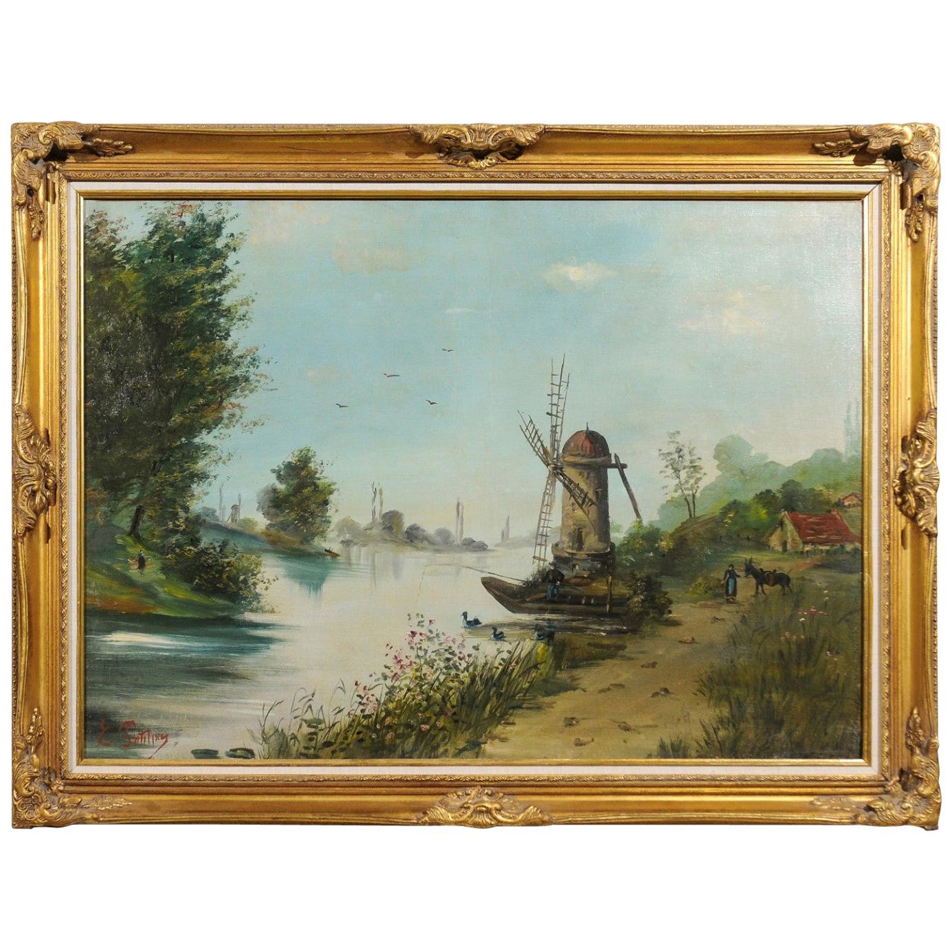 Huile sur toile de paysage signée Eugne Petitpas 1902, dans un cadre en bois doré