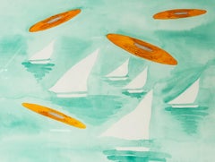 Signed Eve Sonneman, 'Sailboats & UFO's'. Watercolor on Paper, circa 1985