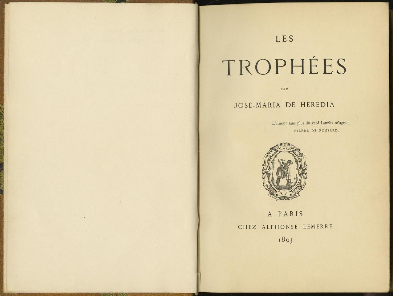 This handsome SIGNED copy of Les Trophées comes from the celebrated library of the French collector and bibliophile Guy Bigorie, who often collected bibliographic 