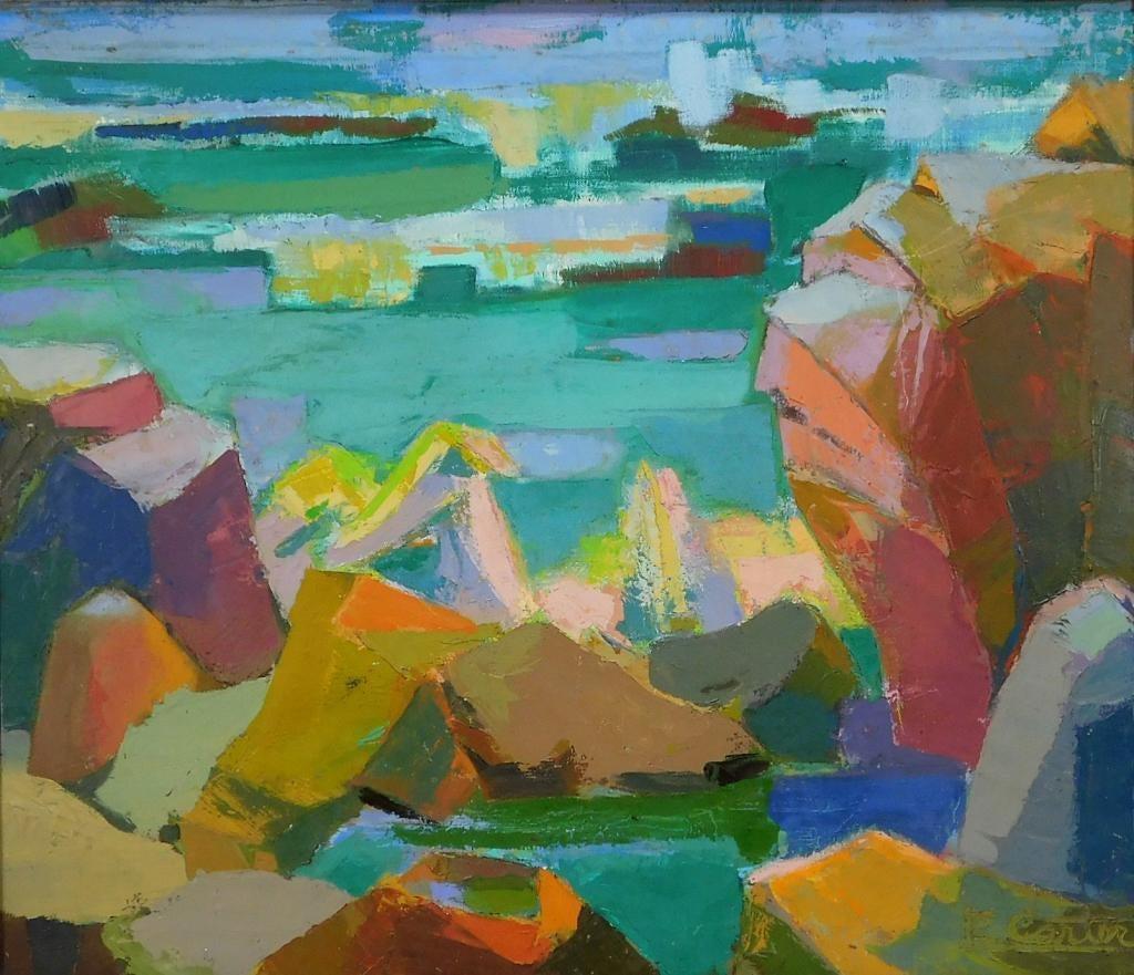 Abstract oil painting signed by Frederick Carter. Abstract landscape of Texas in fauvist style depicting rocky terrain overlooking farmland with a river and town in the background. Oil on canvas, signed F. Carter in lower right corner. Measures: