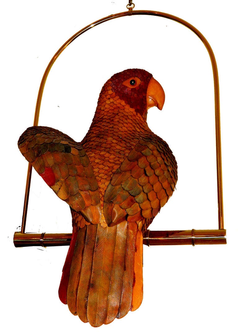 Signed 'FEDERICO in Mexico' Leather Parrot on a Brass Swing hand-crafted.
Beautiful Animal Sculpture.
Swing measurements: 19 inches Height x 14 inches Wide.
Parrot 17 inches Height.
Parrot with the swing 25 inches Height.
