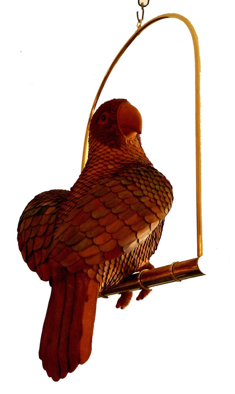 Hand-Crafted Signed Federico Mexico Leather Parrot Perched On Brass Swing Mid-Century Modern