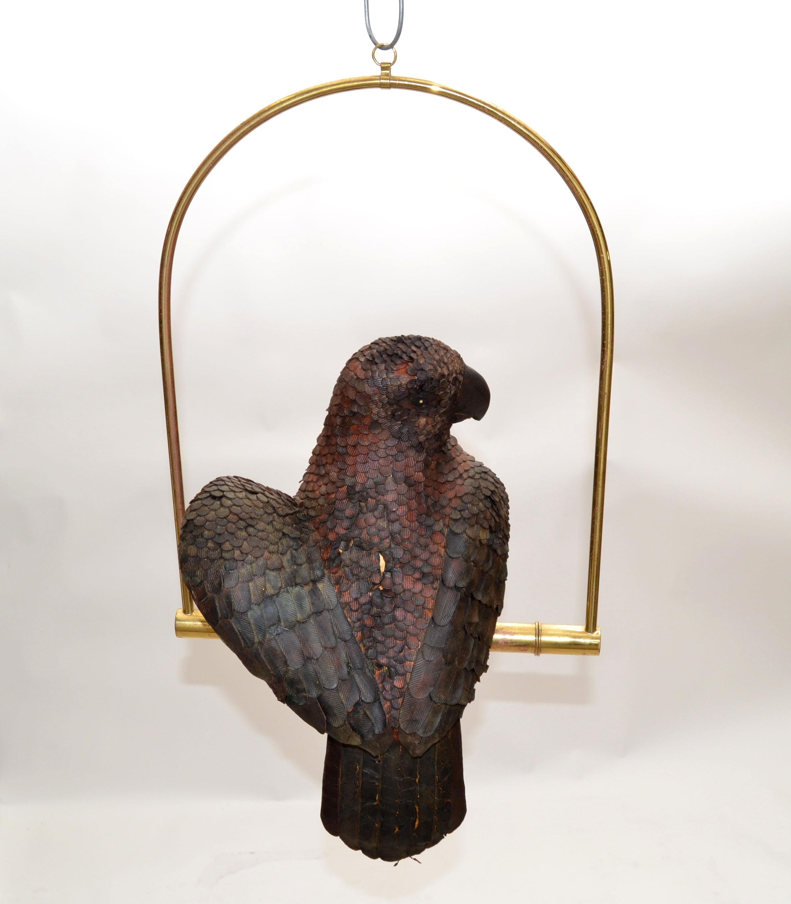 Signed Federico Mexico Leather Parrot Perched on Brass Swing Mid-Century Modern For Sale 4