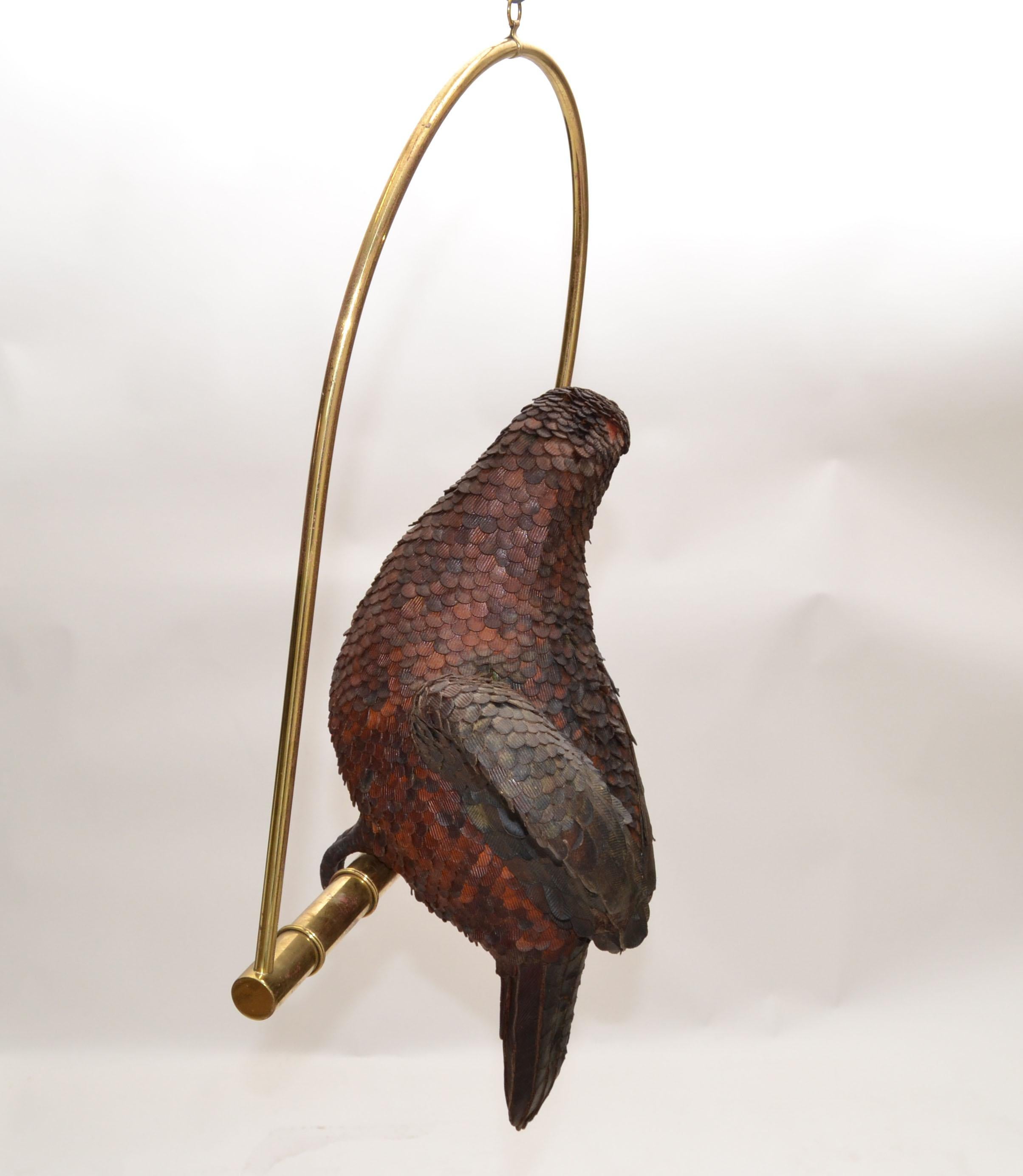 Signed Federico Mexico Leather Parrot Perched on Brass Swing Mid-Century Modern For Sale 5