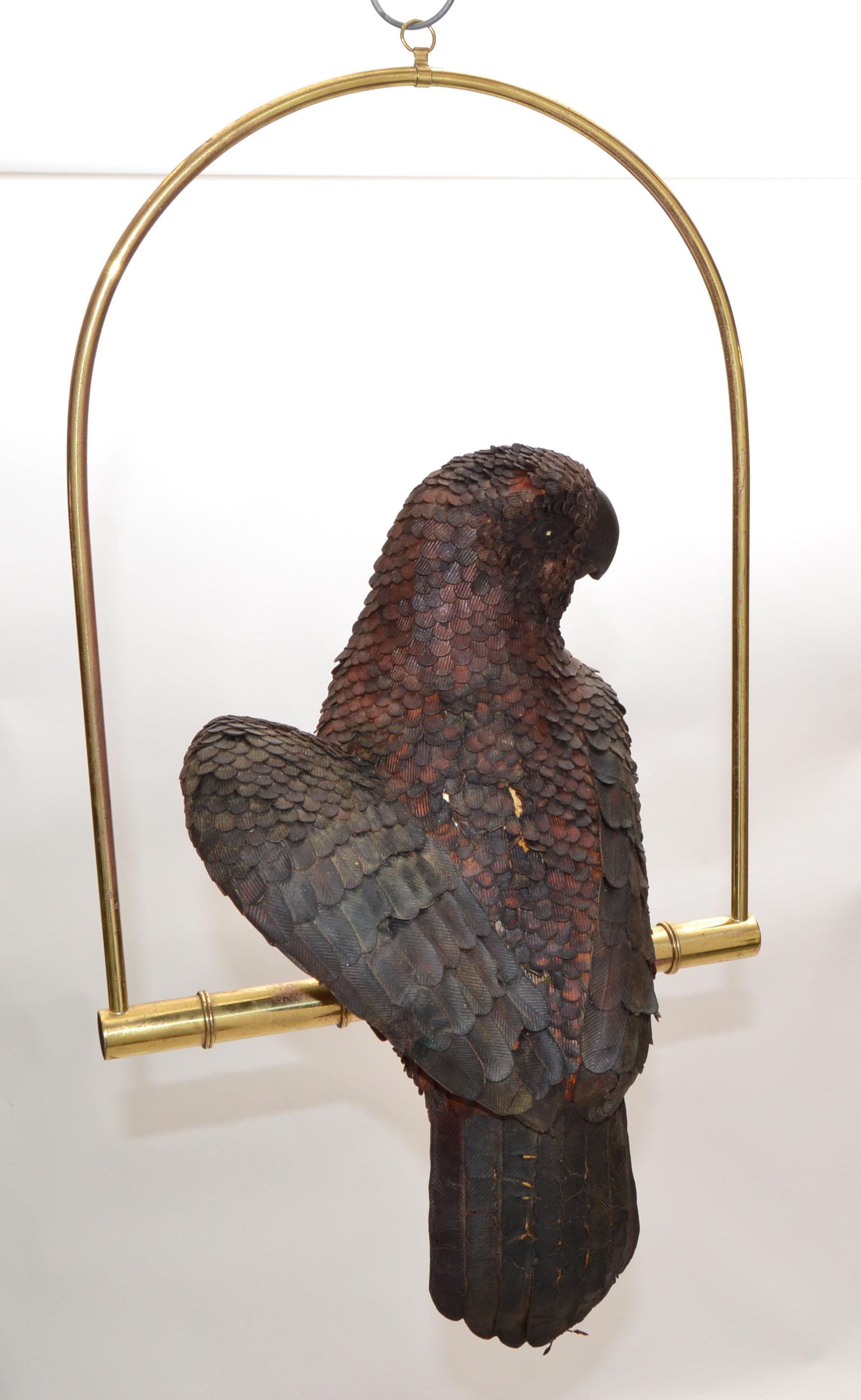 Signed Federico Mexico Leather Parrot Perched on Brass Swing Mid-Century Modern For Sale 6
