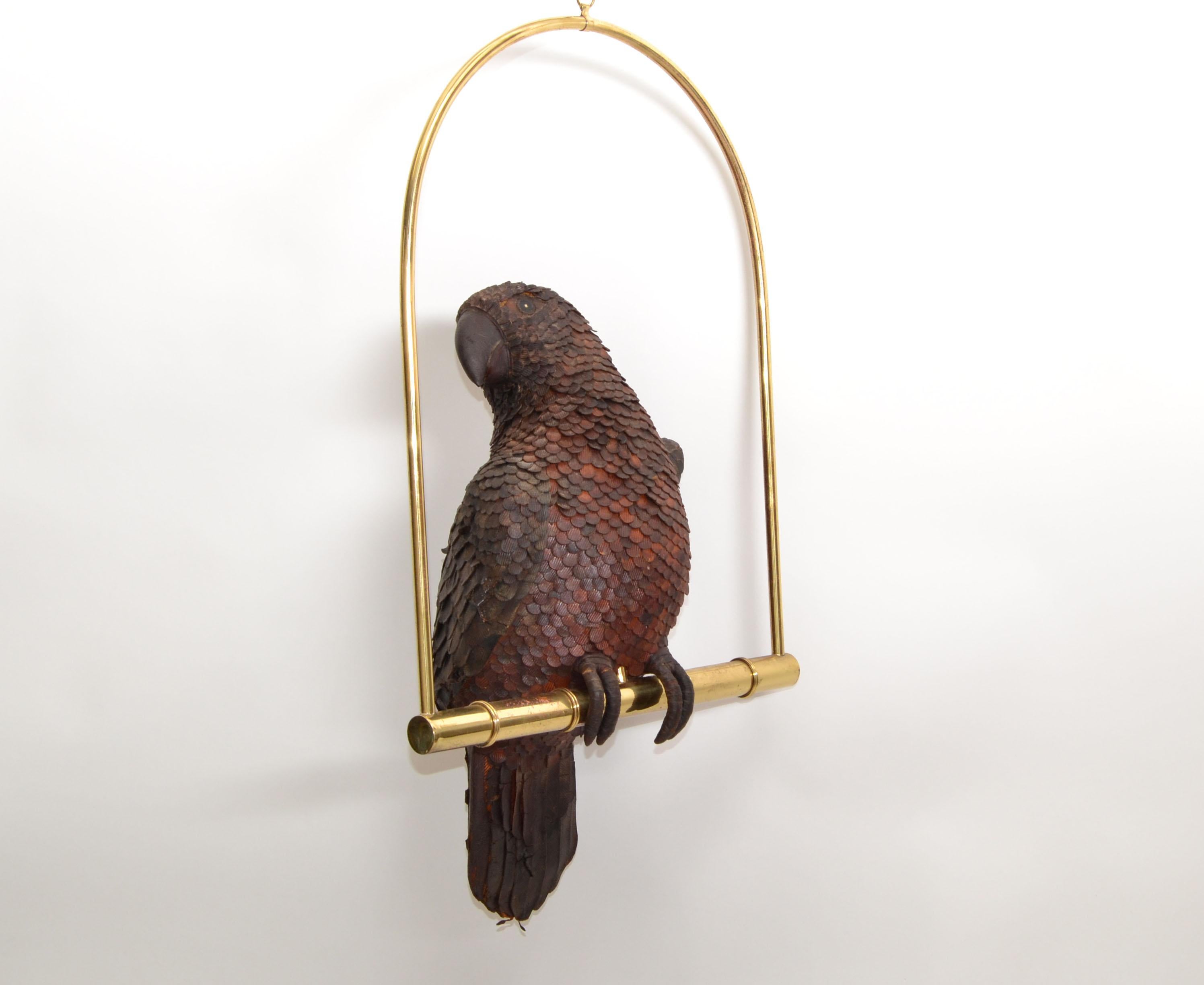 Signed Federico Mexico Leather Parrot Perched on Brass Swing Mid-Century Modern For Sale 7