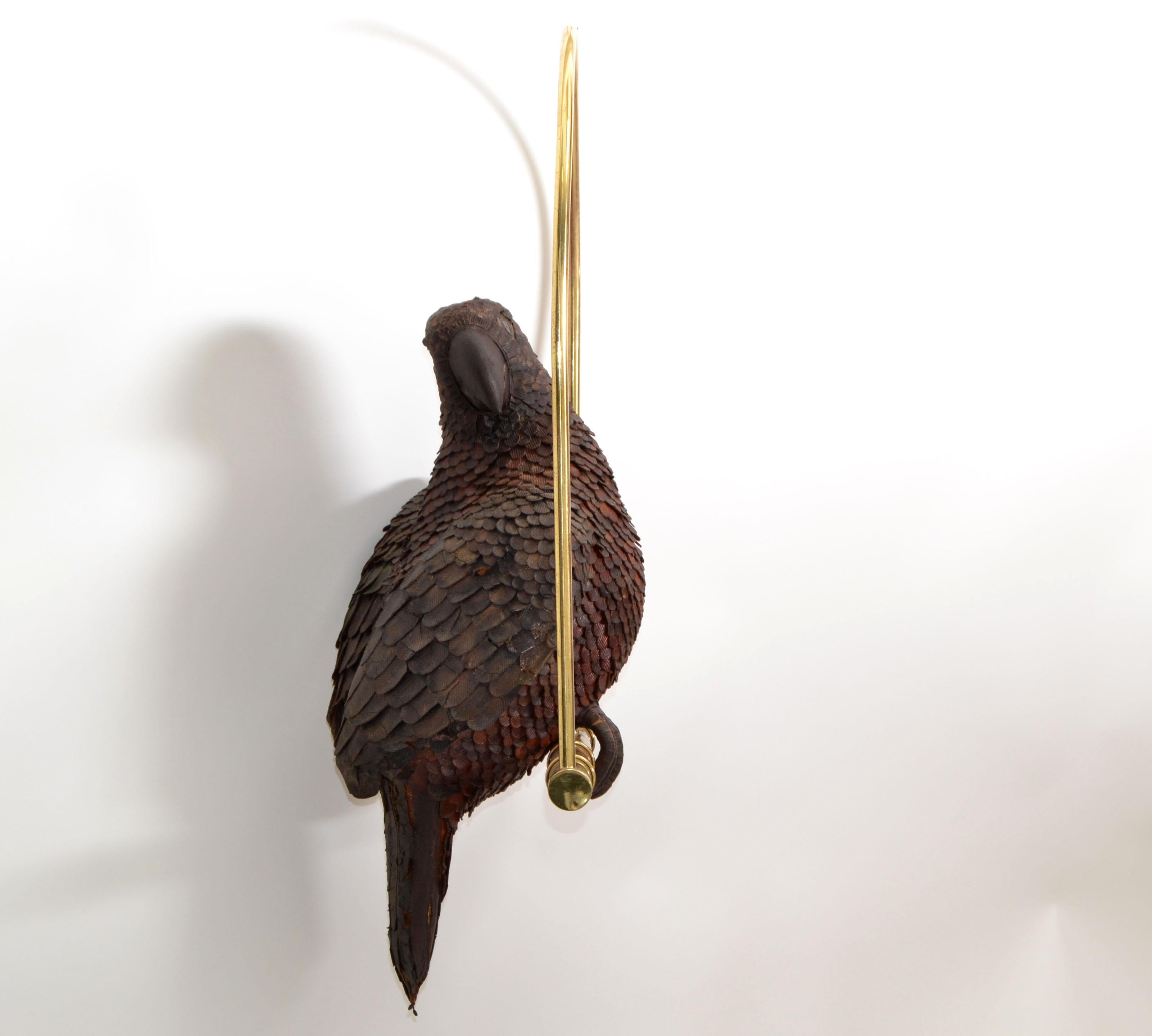 Mexican Signed Federico Mexico Leather Parrot Perched on Brass Swing Mid-Century Modern For Sale