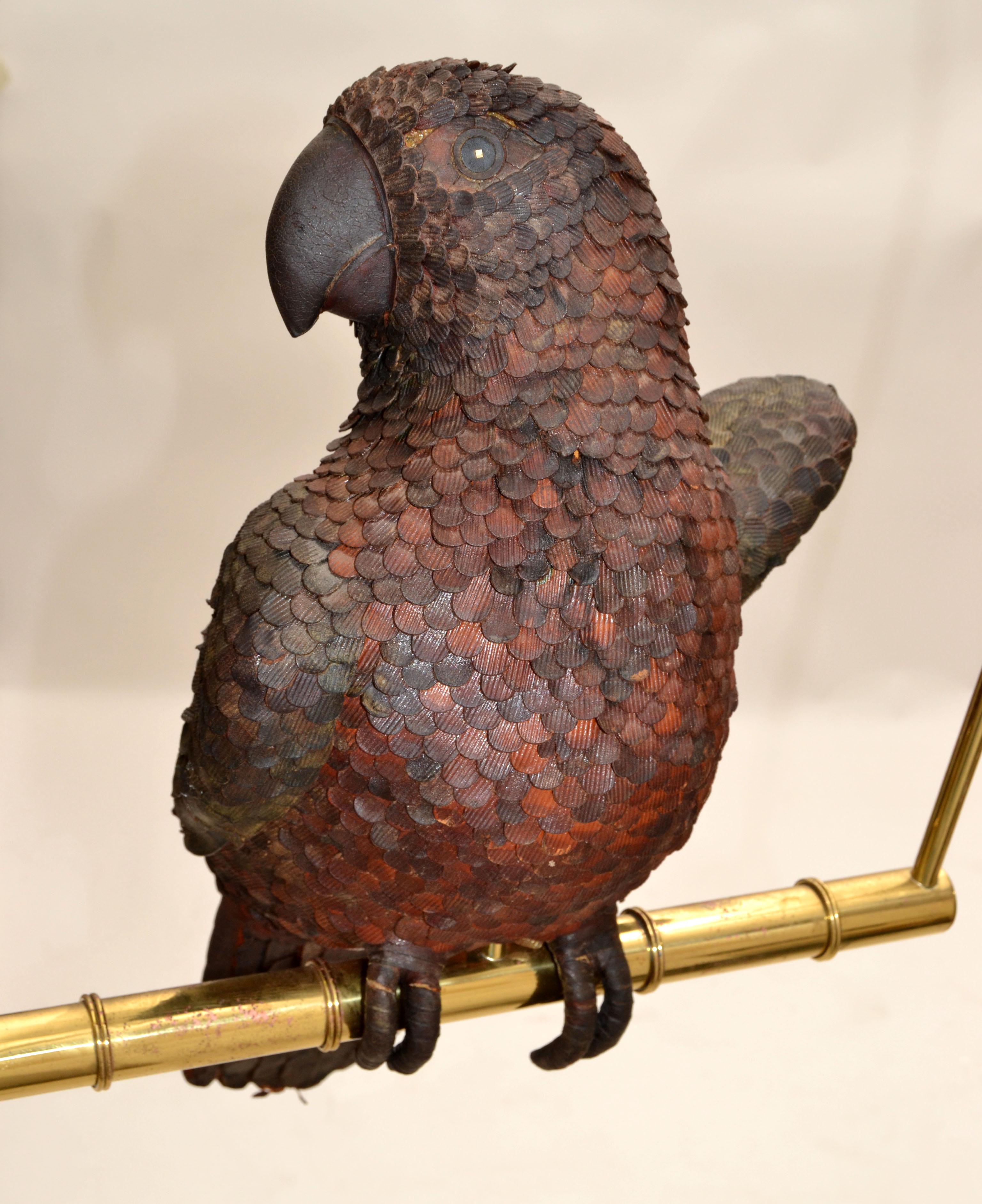Hand-Crafted Signed Federico Mexico Leather Parrot Perched on Brass Swing Mid-Century Modern For Sale