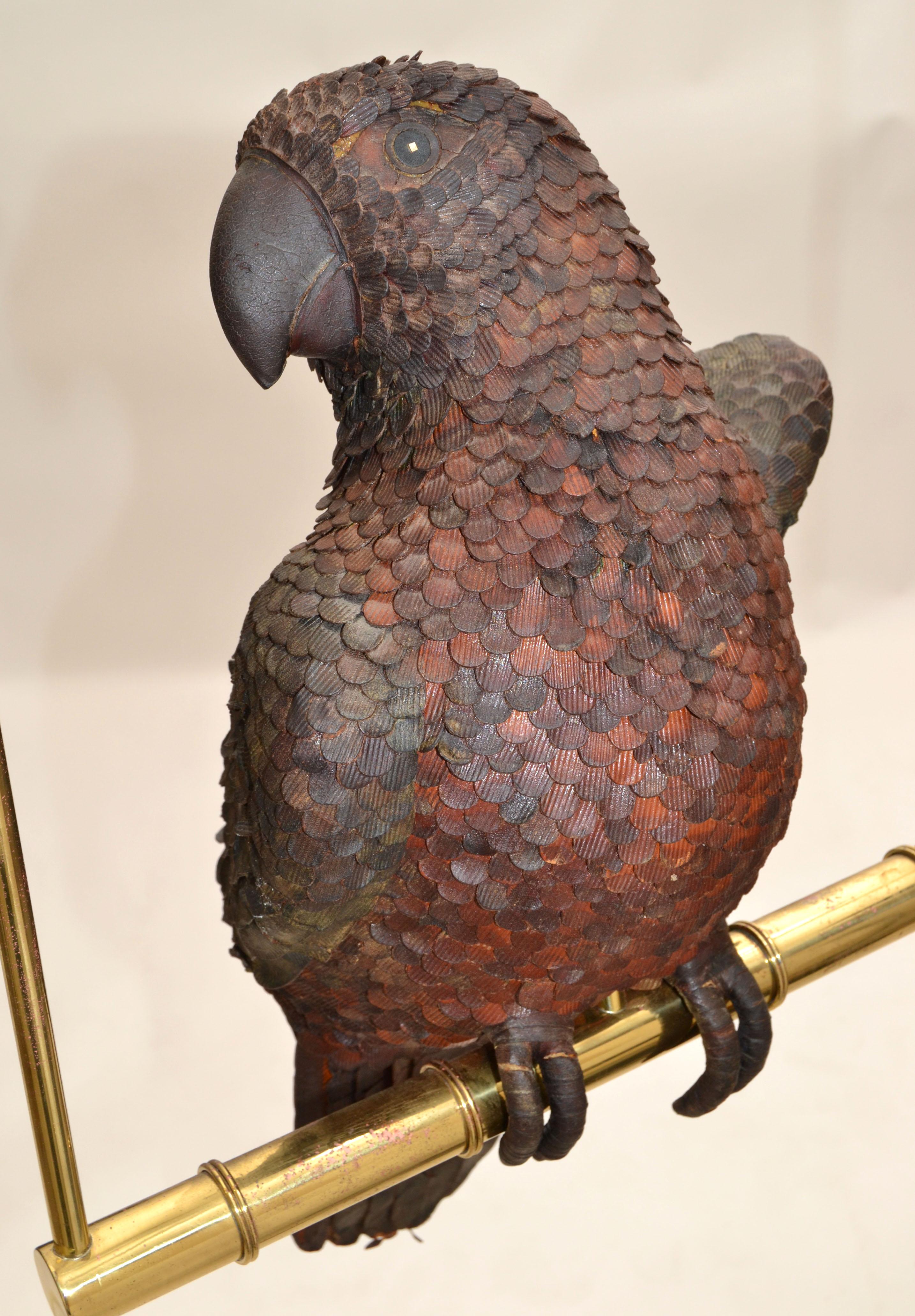 Signed Federico Mexico Leather Parrot Perched on Brass Swing Mid-Century Modern For Sale 1