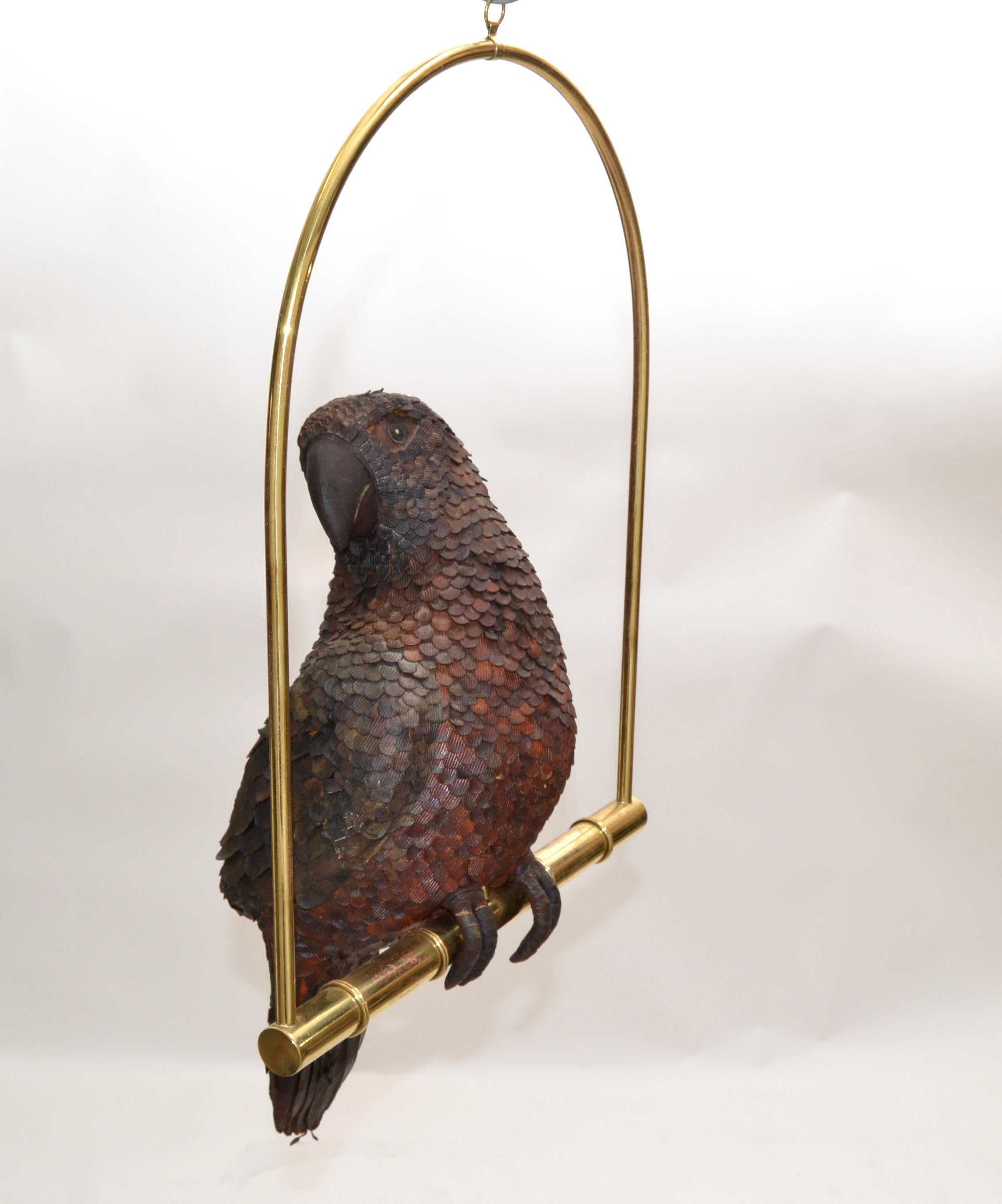 Signed Federico Mexico Leather Parrot Perched on Brass Swing Mid-Century Modern For Sale 2