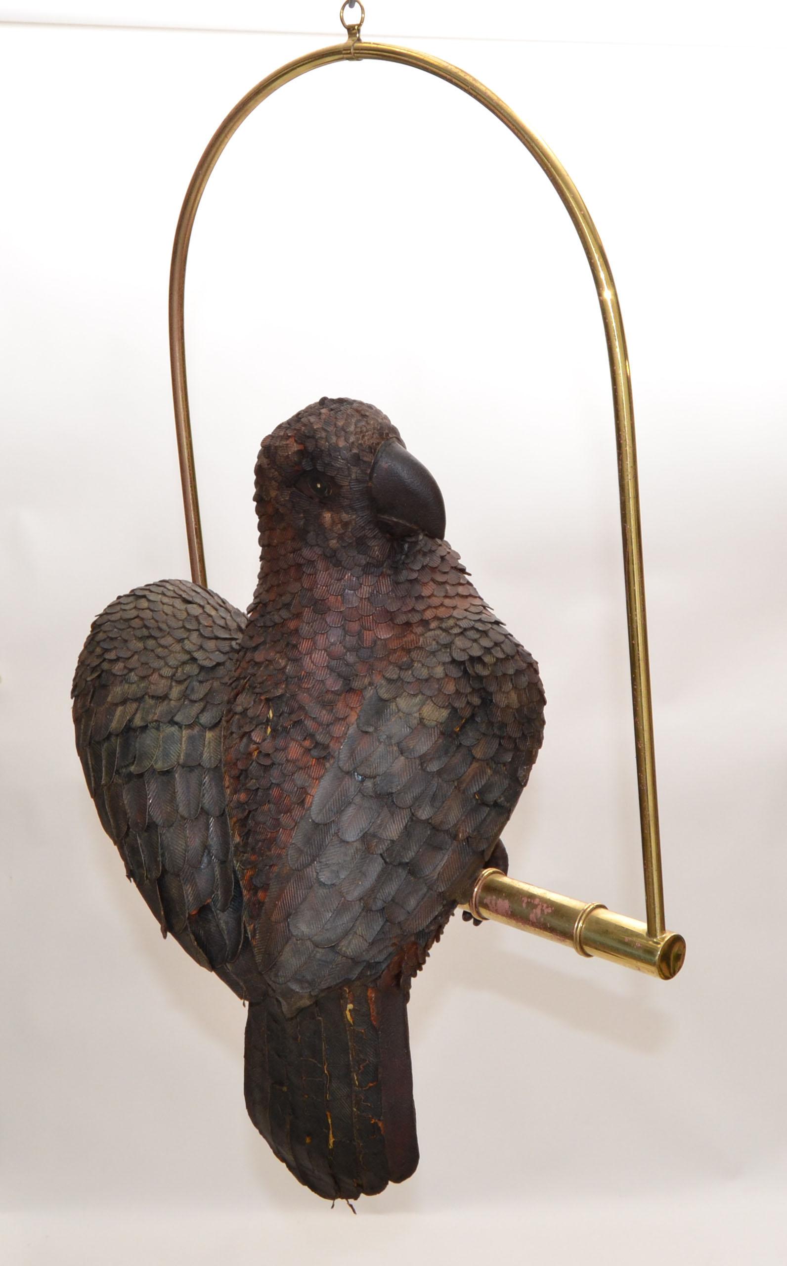 Signed Federico Mexico Leather Parrot Perched on Brass Swing Mid-Century Modern For Sale 3
