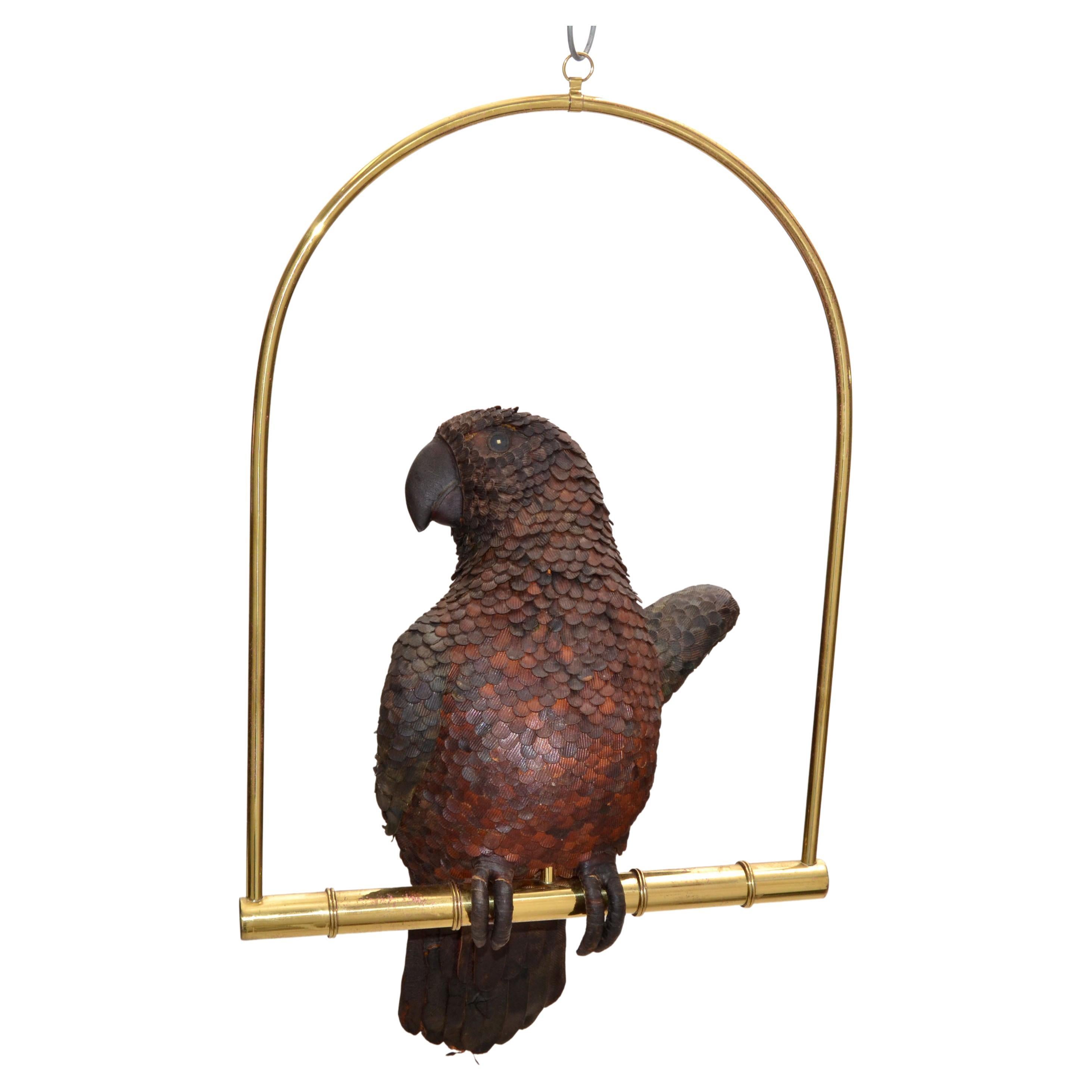 Signed Federico Mexico Leather Parrot Perched on Brass Swing Mid-Century Modern For Sale