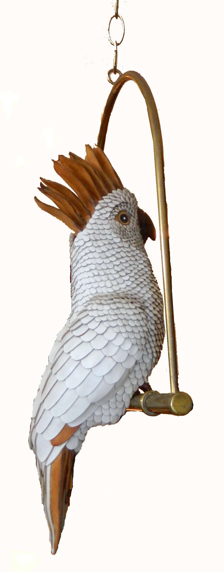 Mid-Century Modern Signed FEDERICO white Hand-Crafted Leather Cockatoo On Brass Swing, Mexico For Sale