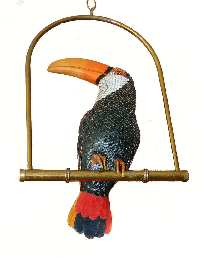 Mexican Signed FEDERICO white Hand-Crafted Leather Cockatoo On Brass Swing, Mexico For Sale