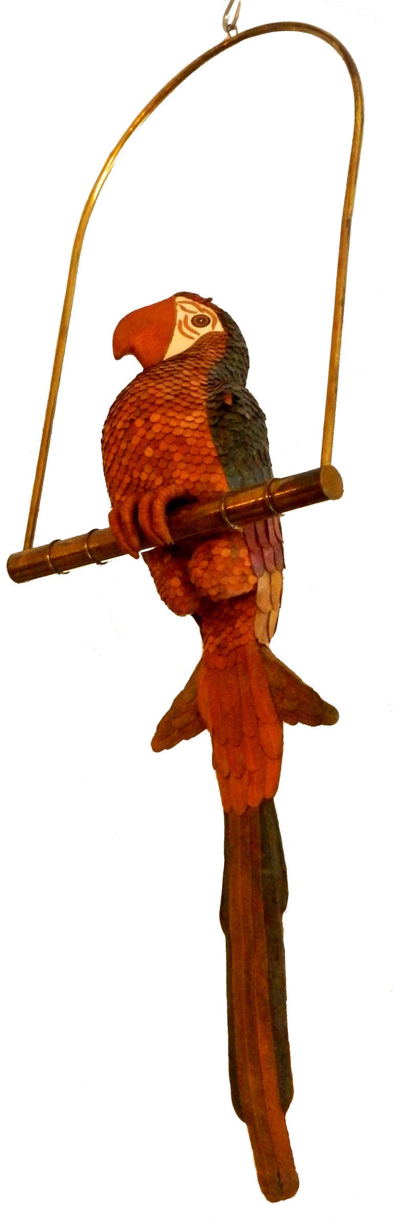 Signed FEDERICO white Hand-Crafted Leather Cockatoo On Brass Swing, Mexico In Good Condition For Sale In Miami, FL