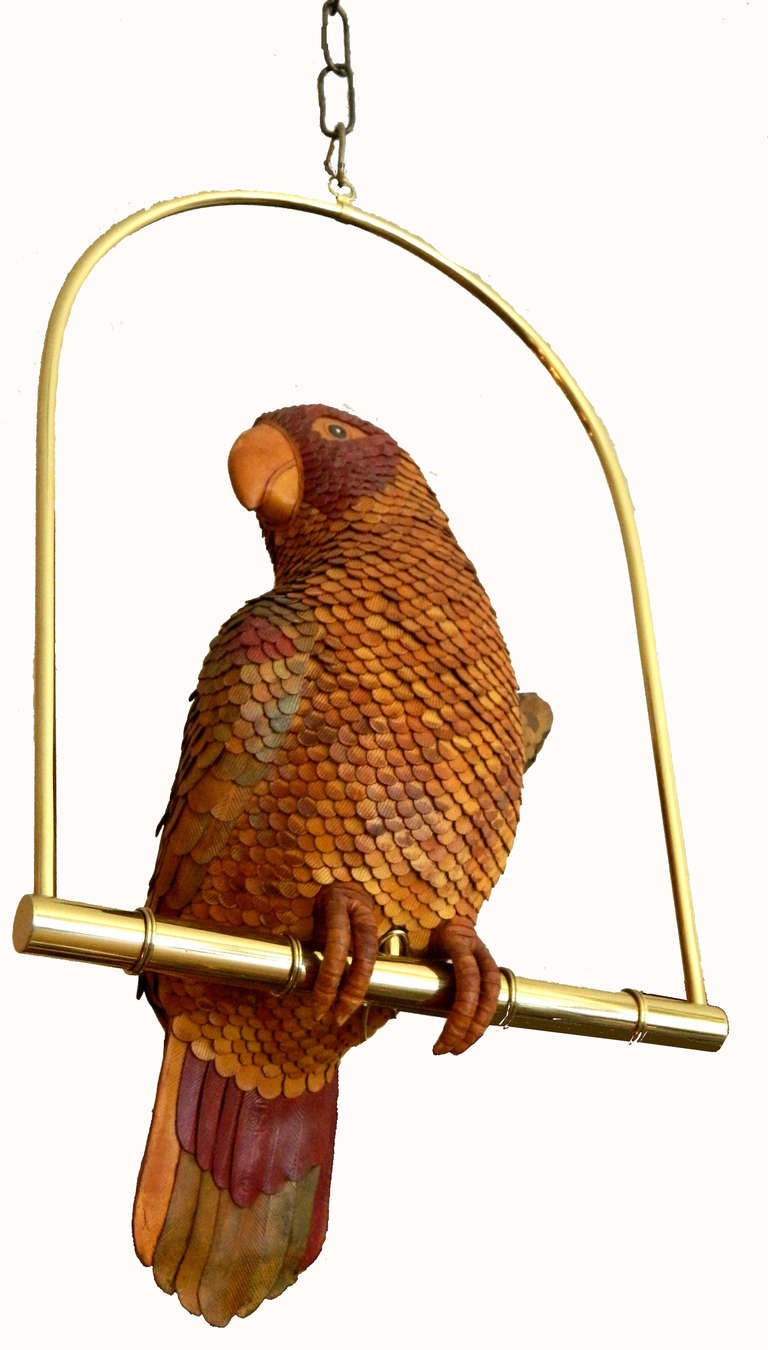 20th Century Signed FEDERICO white Hand-Crafted Leather Cockatoo On Brass Swing, Mexico For Sale