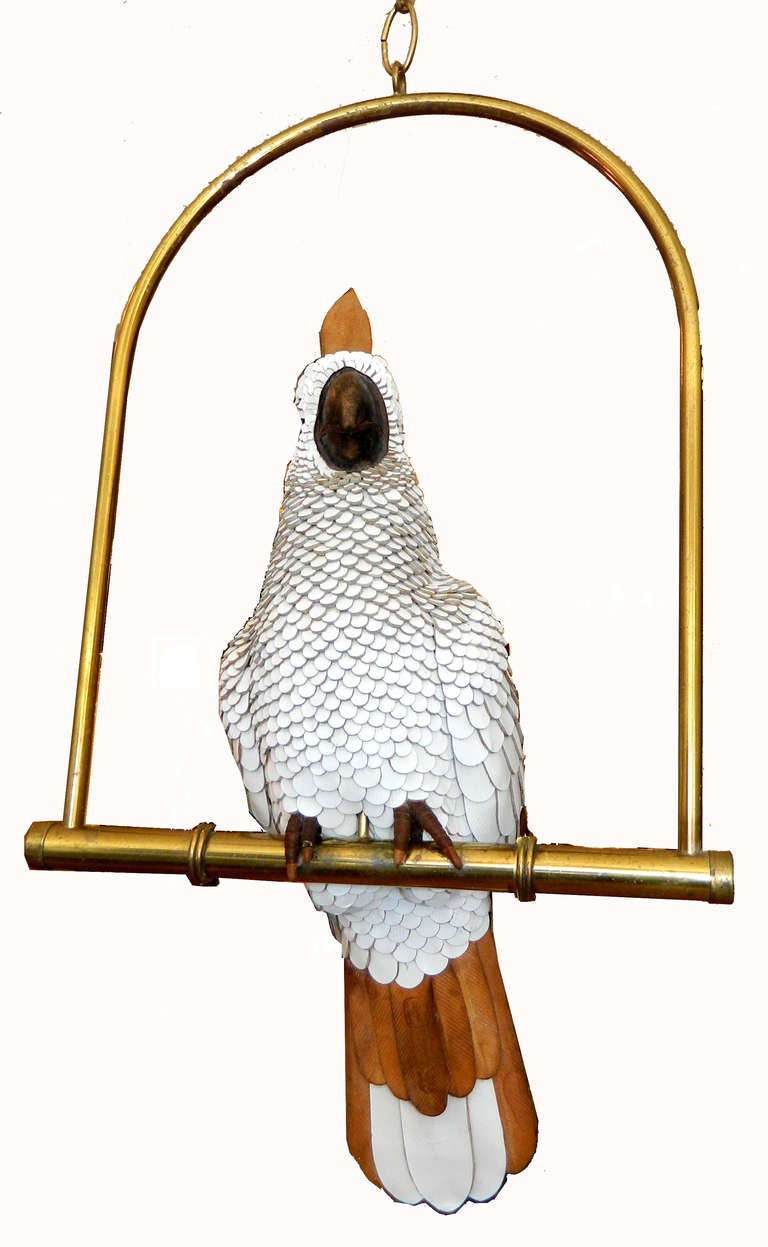 Signed FEDERICO white Hand-Crafted Leather Cockatoo On Brass Swing, Mexico For Sale 1