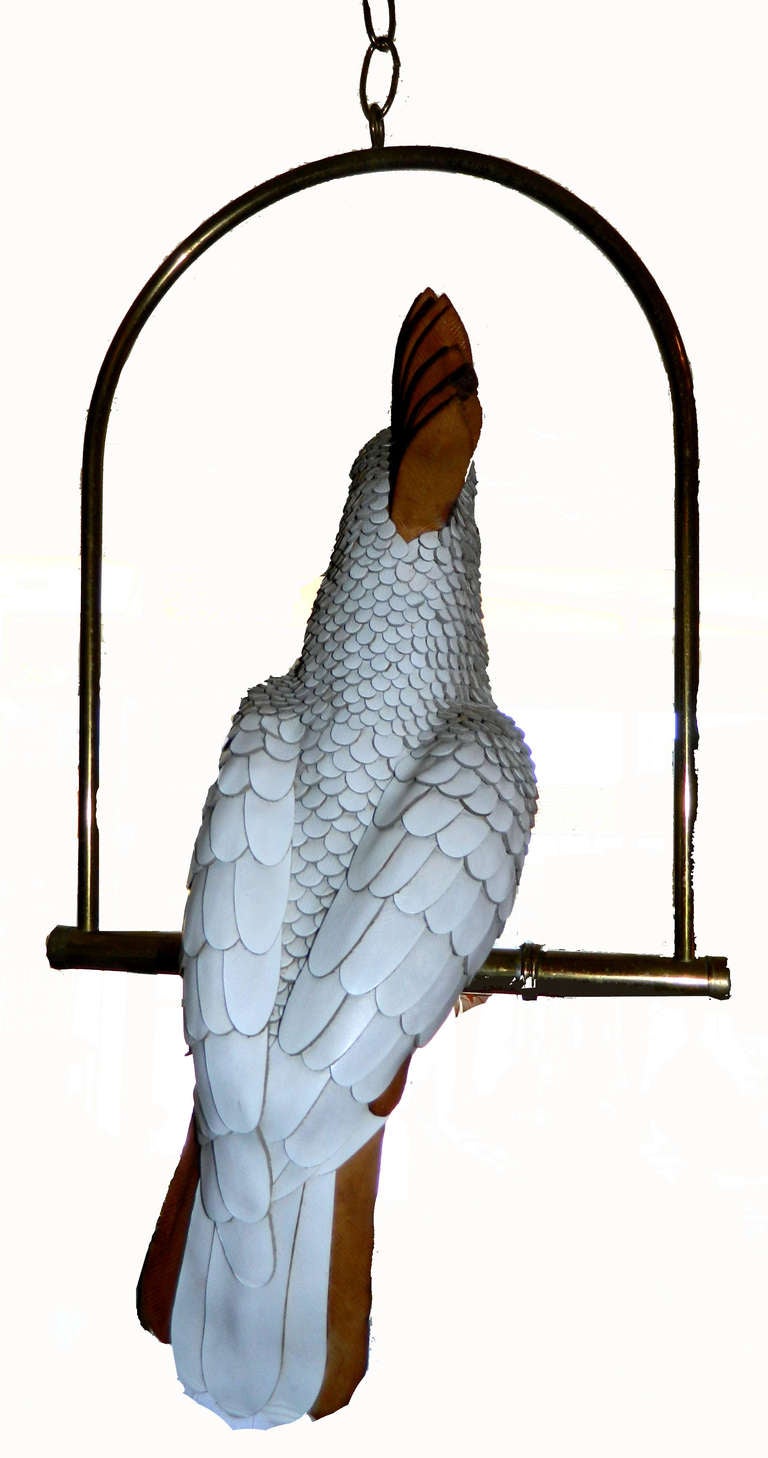 Signed FEDERICO white Hand-Crafted Leather Cockatoo On Brass Swing, Mexico For Sale 3