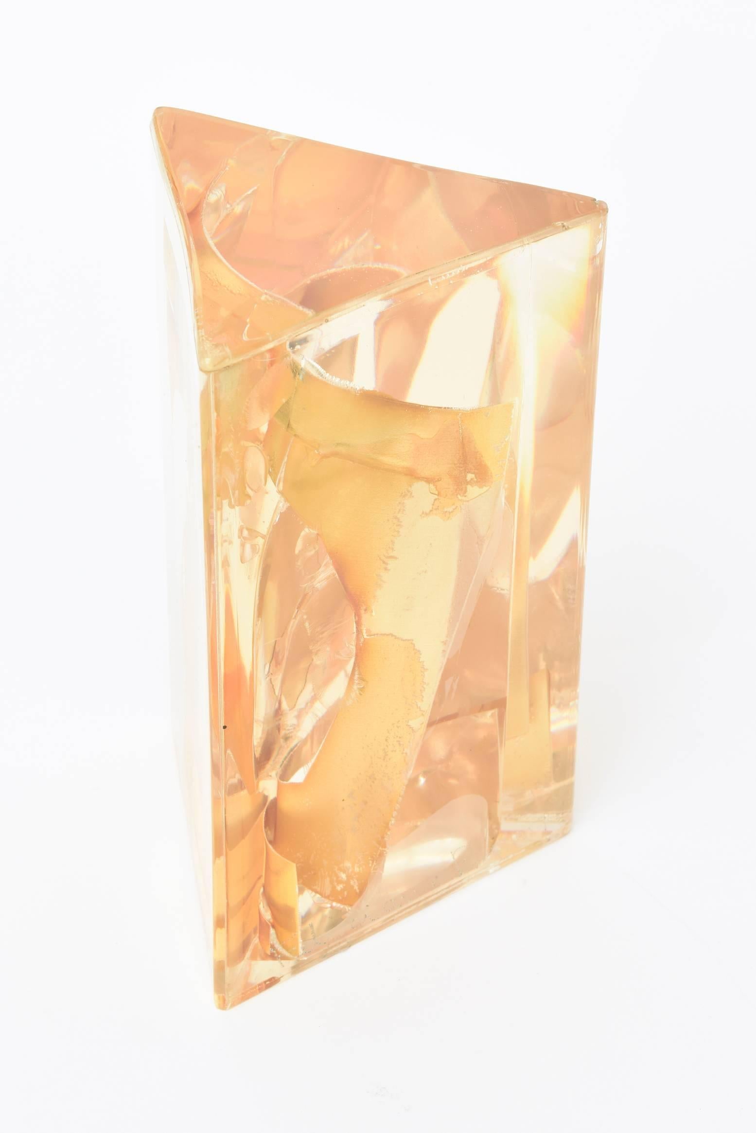 Feliciano Béjar Embedded Gold Leaf Fractal Lucite Sculpture Vintage In Good Condition In North Miami, FL