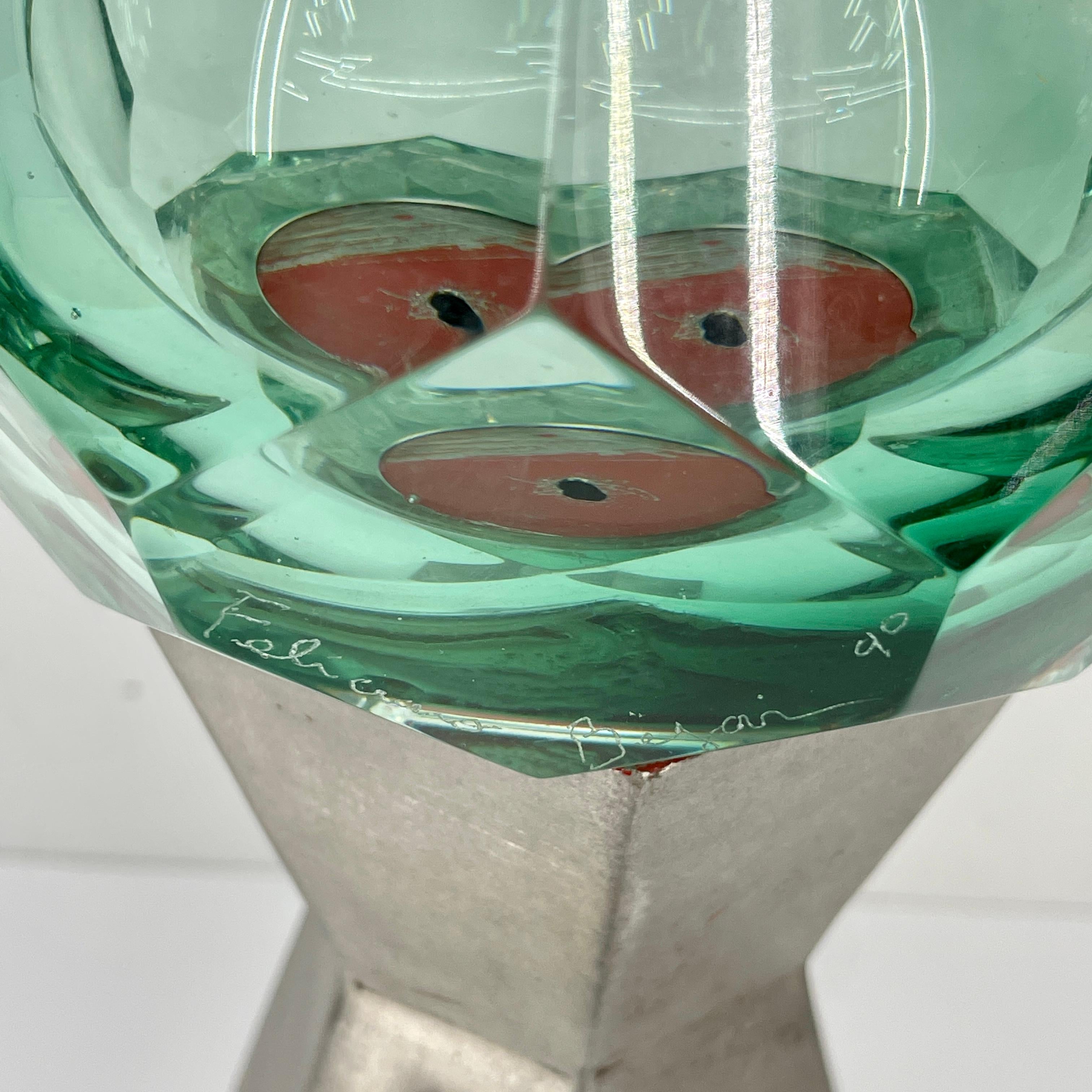 Hand-Crafted Signed Feliciano Bejar Green Cut Glass Sculpture, circa 1990 For Sale