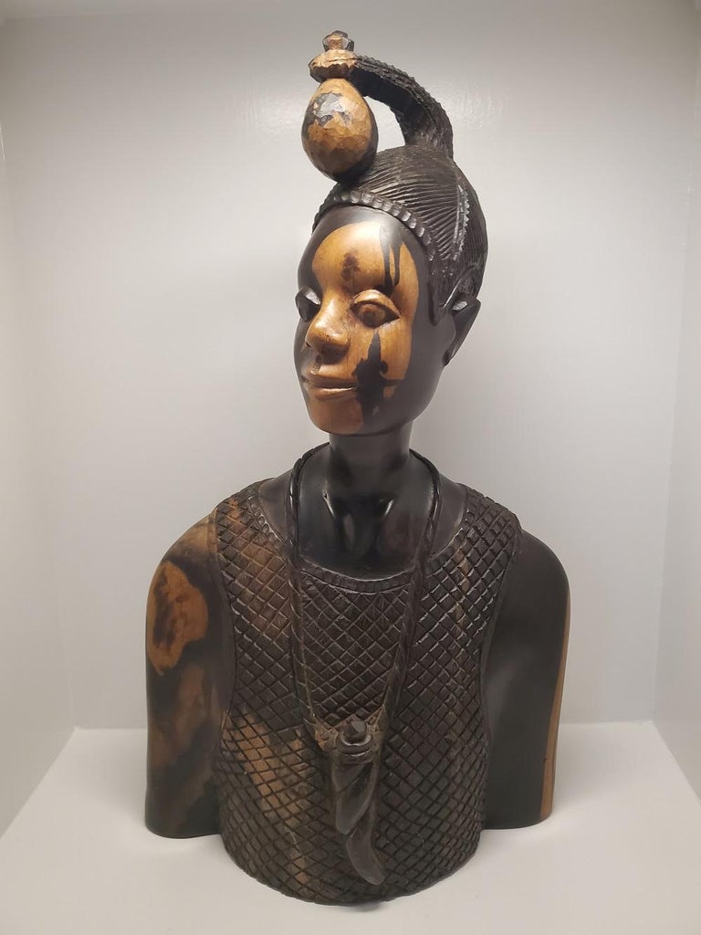 Signed Felix Ogbe Ozo Carved Wooden Bust of a Nigerian Man For Sale 1