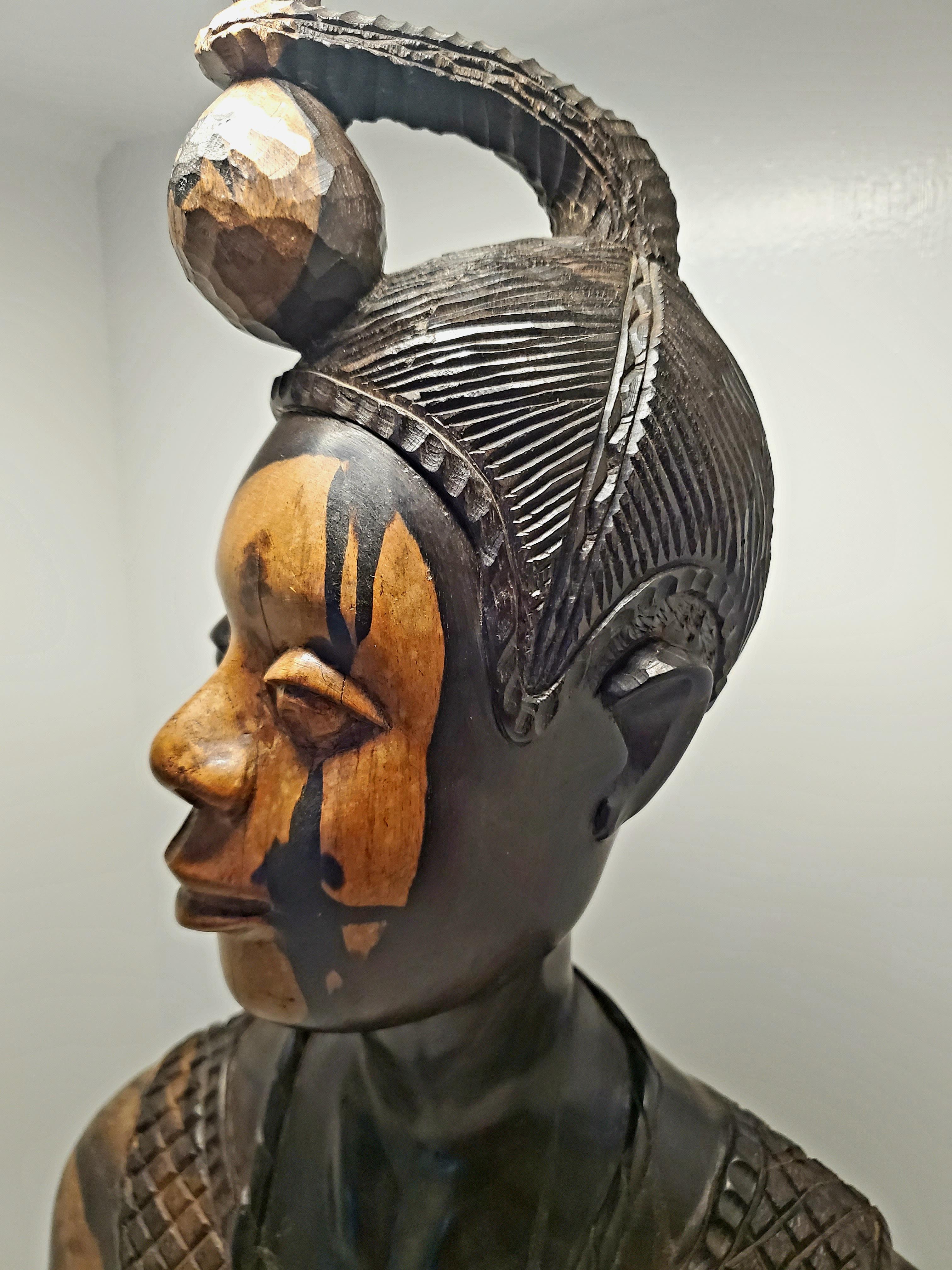 Natural Fiber Carved Wooden Bust of a Nigerian Man by Felix Ogbe Ozo  For Sale