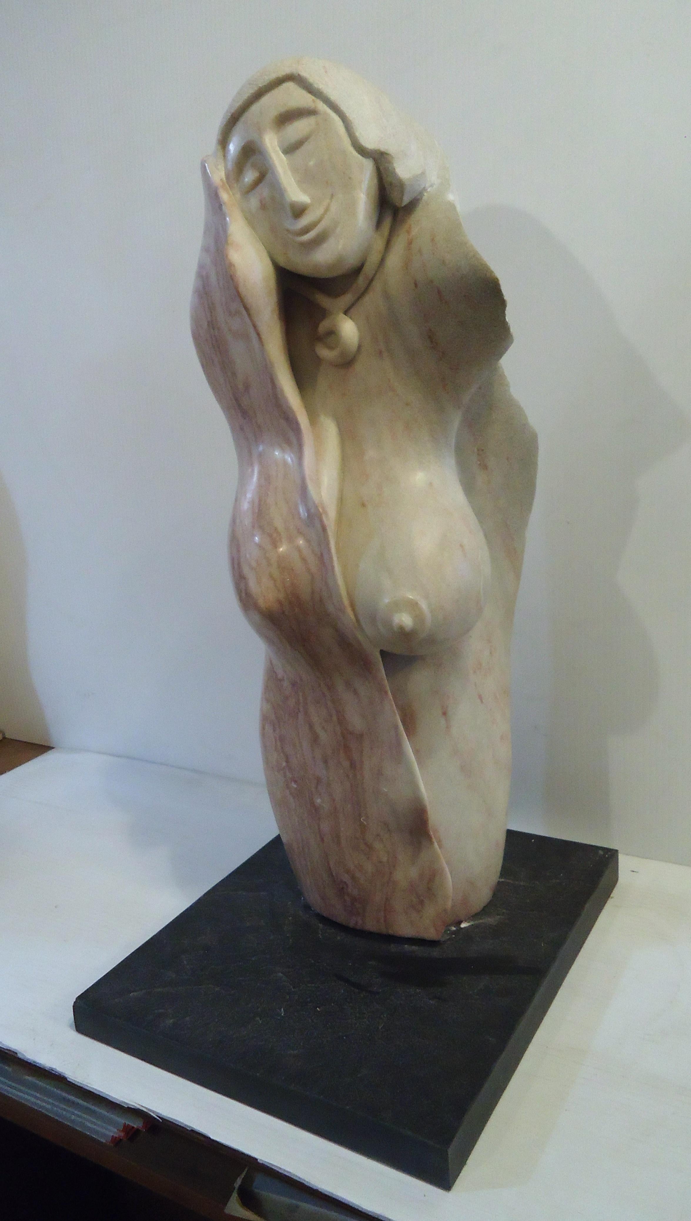 Beautiful marble sculpture of a female torso, face, on granite base. Smooth and rough surfaces give a nice composition. (Please confirm item location, NY or NJ, with dealer).