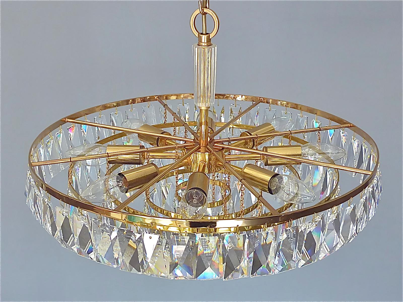 Signed Fine Large Palwa Chandelier Gilt Brass Faceted Crystal Glass 1960 Lobmeyr For Sale 4