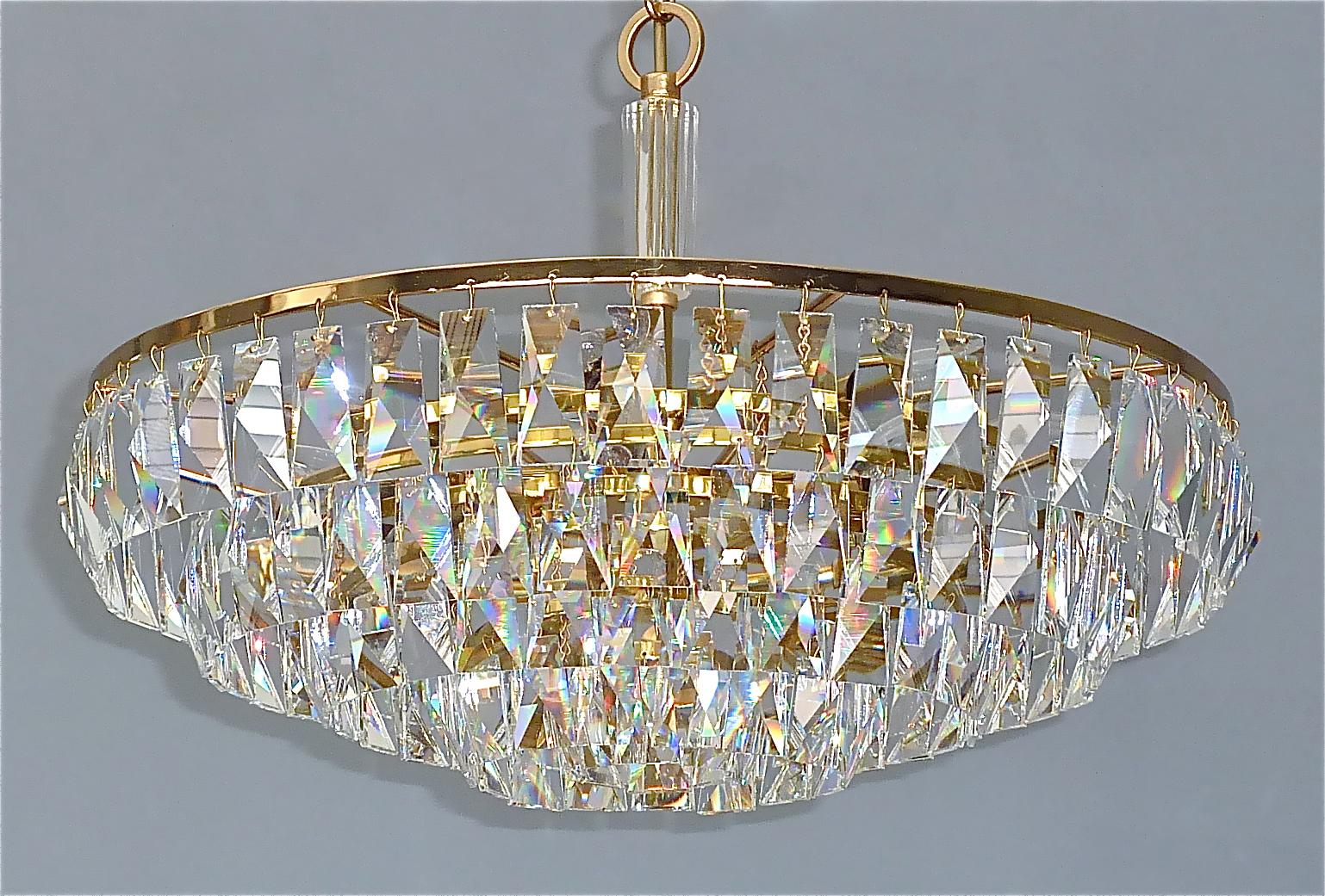 Signed Fine Large Palwa Chandelier Gilt Brass Faceted Crystal Glass 1960 Lobmeyr For Sale 7