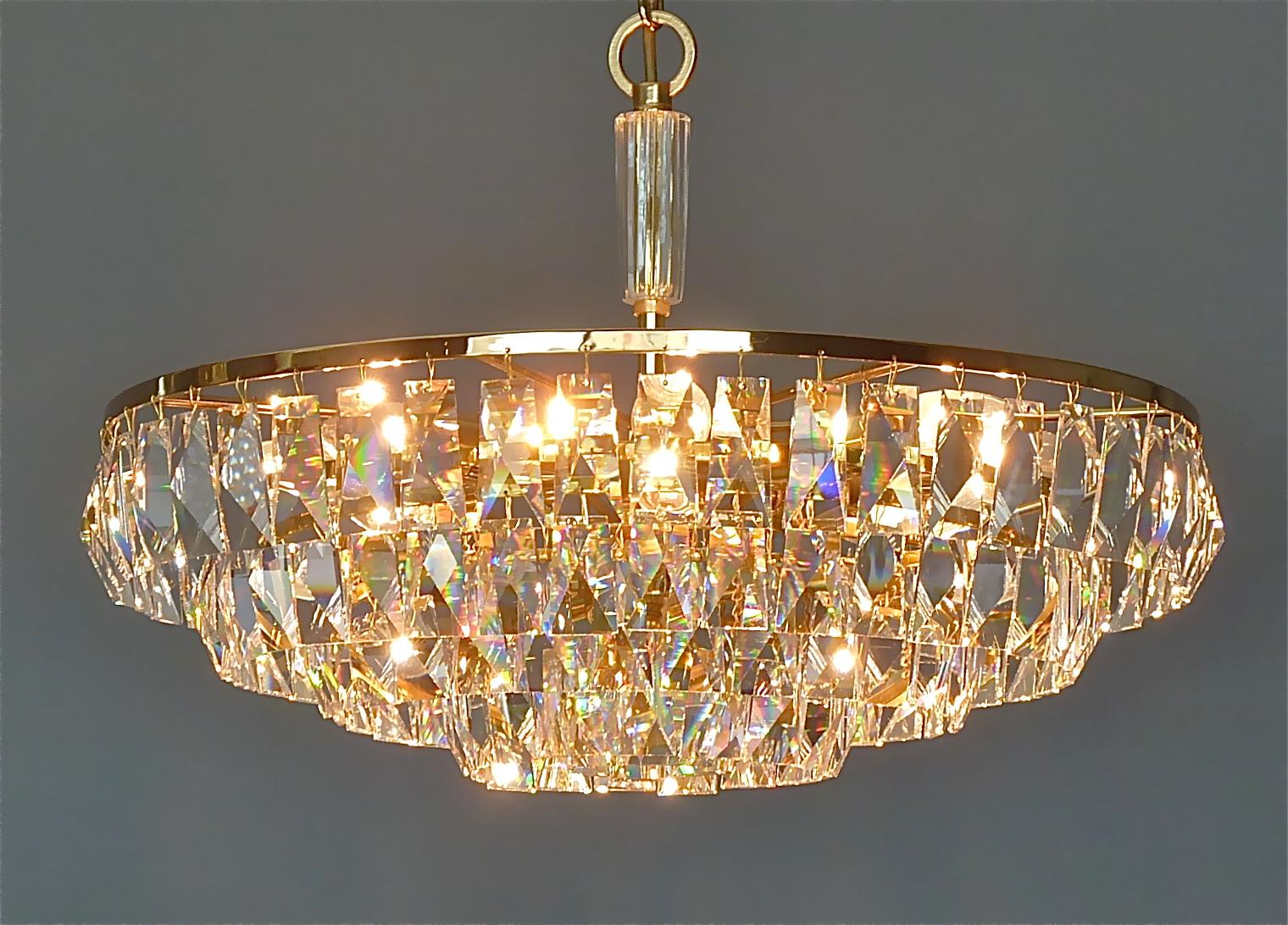 Signed Fine Large Palwa Chandelier Gilt Brass Faceted Crystal Glass 1960 Lobmeyr For Sale 8