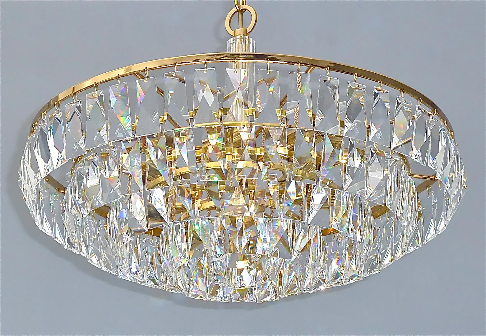 Mid-Century Modern Signed Fine Large Palwa Chandelier Gilt Brass Faceted Crystal Glass 1960 Lobmeyr For Sale
