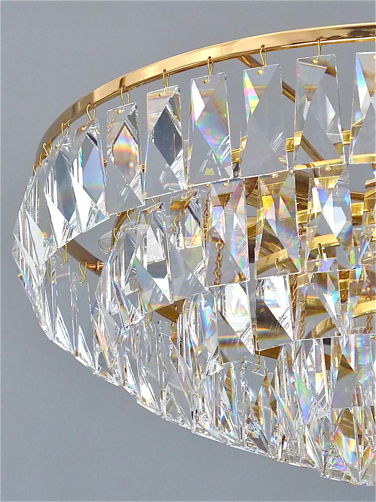 German Signed Fine Large Palwa Chandelier Gilt Brass Faceted Crystal Glass 1960 Lobmeyr For Sale