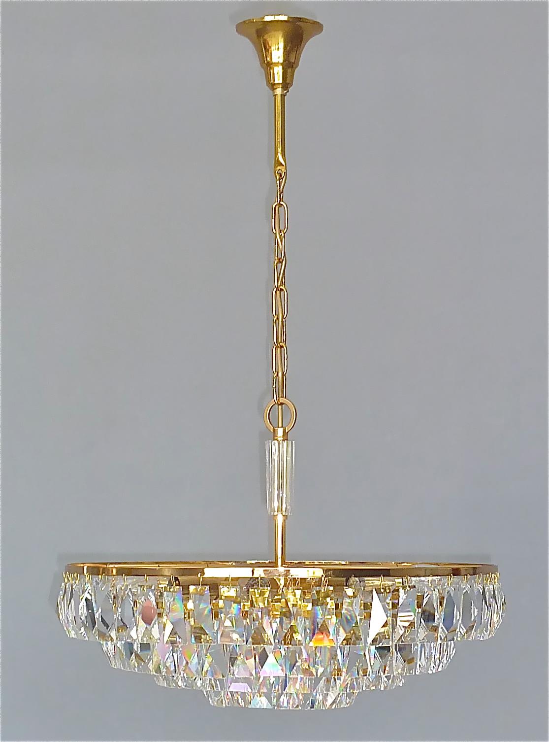 Mid-20th Century Signed Fine Large Palwa Chandelier Gilt Brass Faceted Crystal Glass 1960 Lobmeyr For Sale