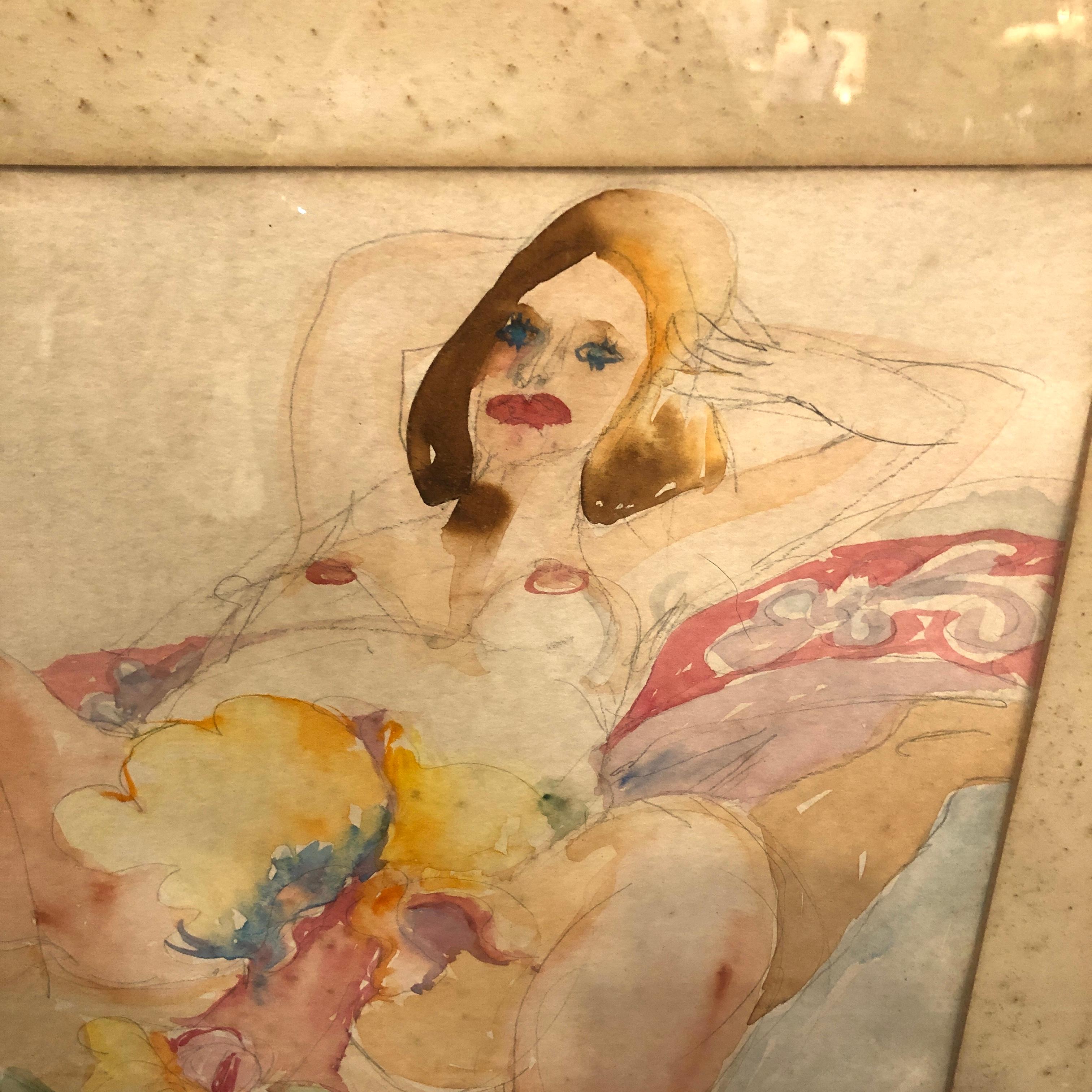 Dieses Aquarell zeigt eine nackte Frau mit gespreizten Beinen und Blumen dazwischen. Der Künstler gibt diesem Thema eine suggestive und erotische Pose und überlässt es dem Betrachter, seine eigene Bedeutung und mögliche Symbolik innerhalb des Bildes
