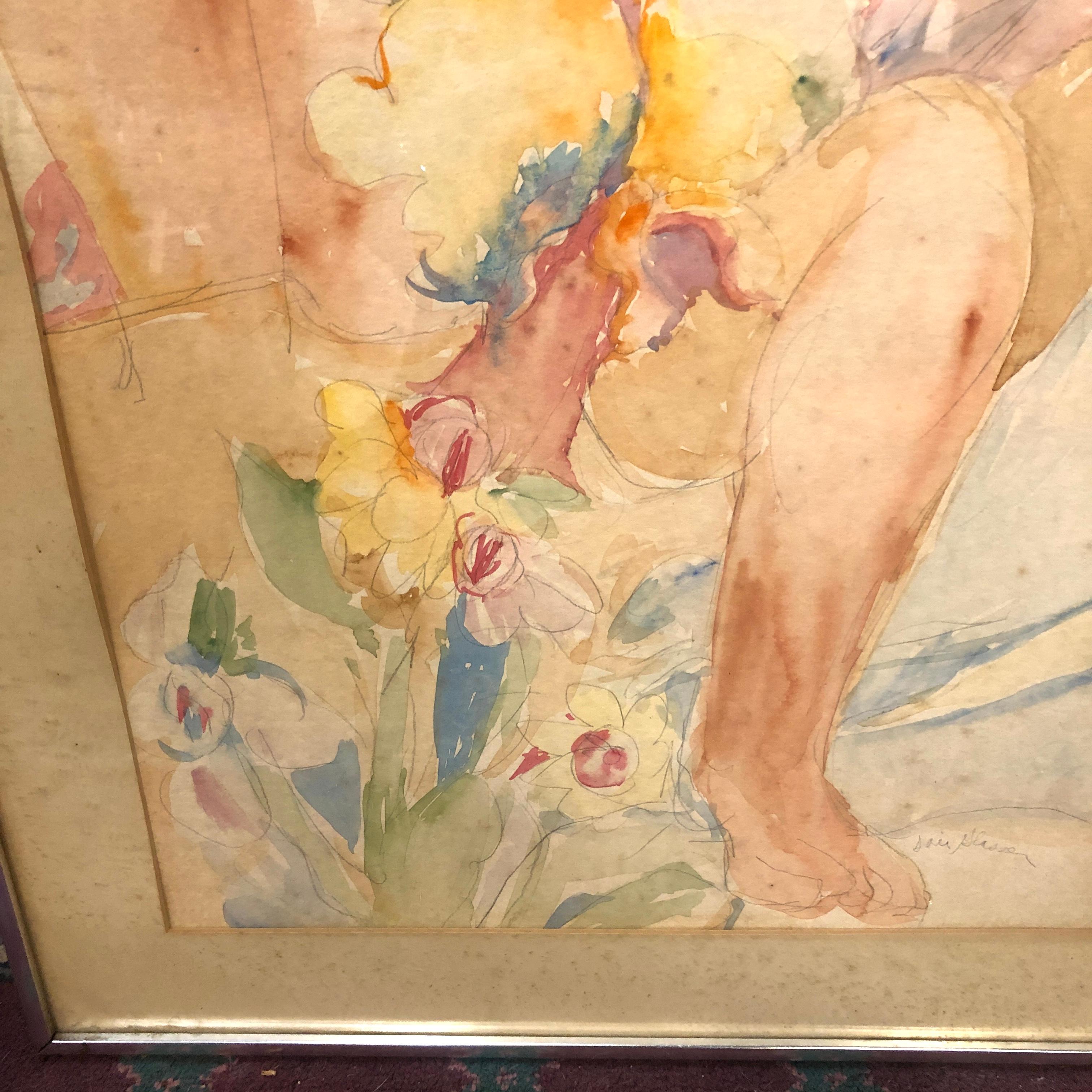 Signiert Floral Weiblicher Akt Aquarell (Moderne der Mitte des Jahrhunderts) im Angebot