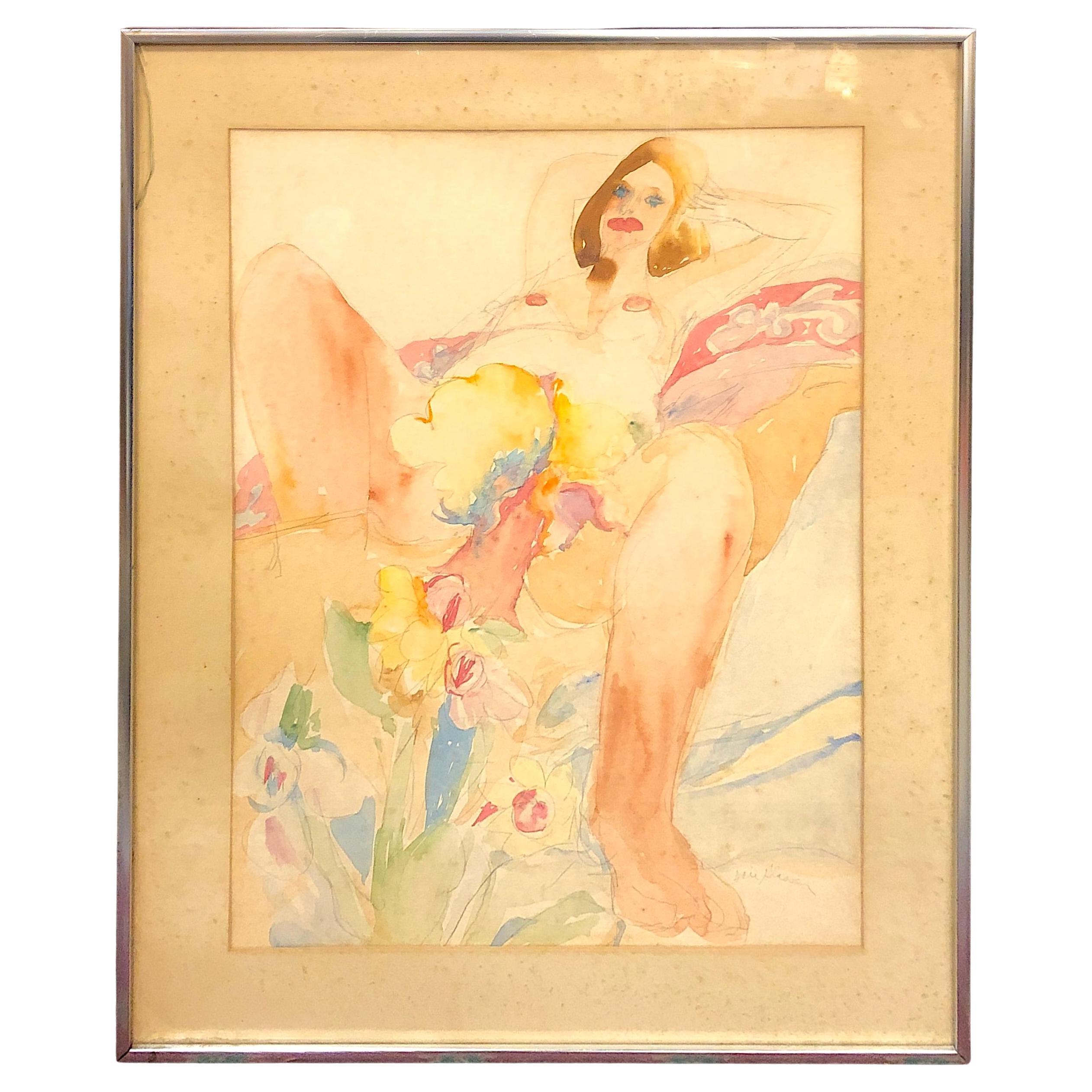 Acuarela Desnudo Femenino Floral Firmada