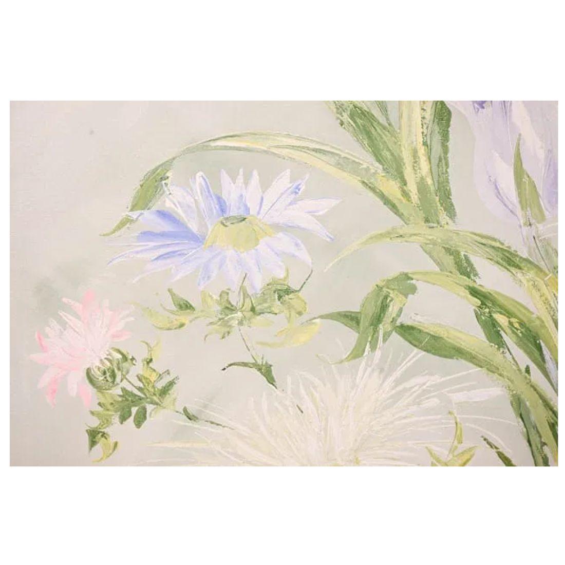 Signiertes Blumenstillleben in Acryl Grün, Gelb und Lavendel (Handbemalt) im Angebot