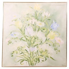 Signiertes Blumenstillleben in Acryl Grün, Gelb und Lavendel