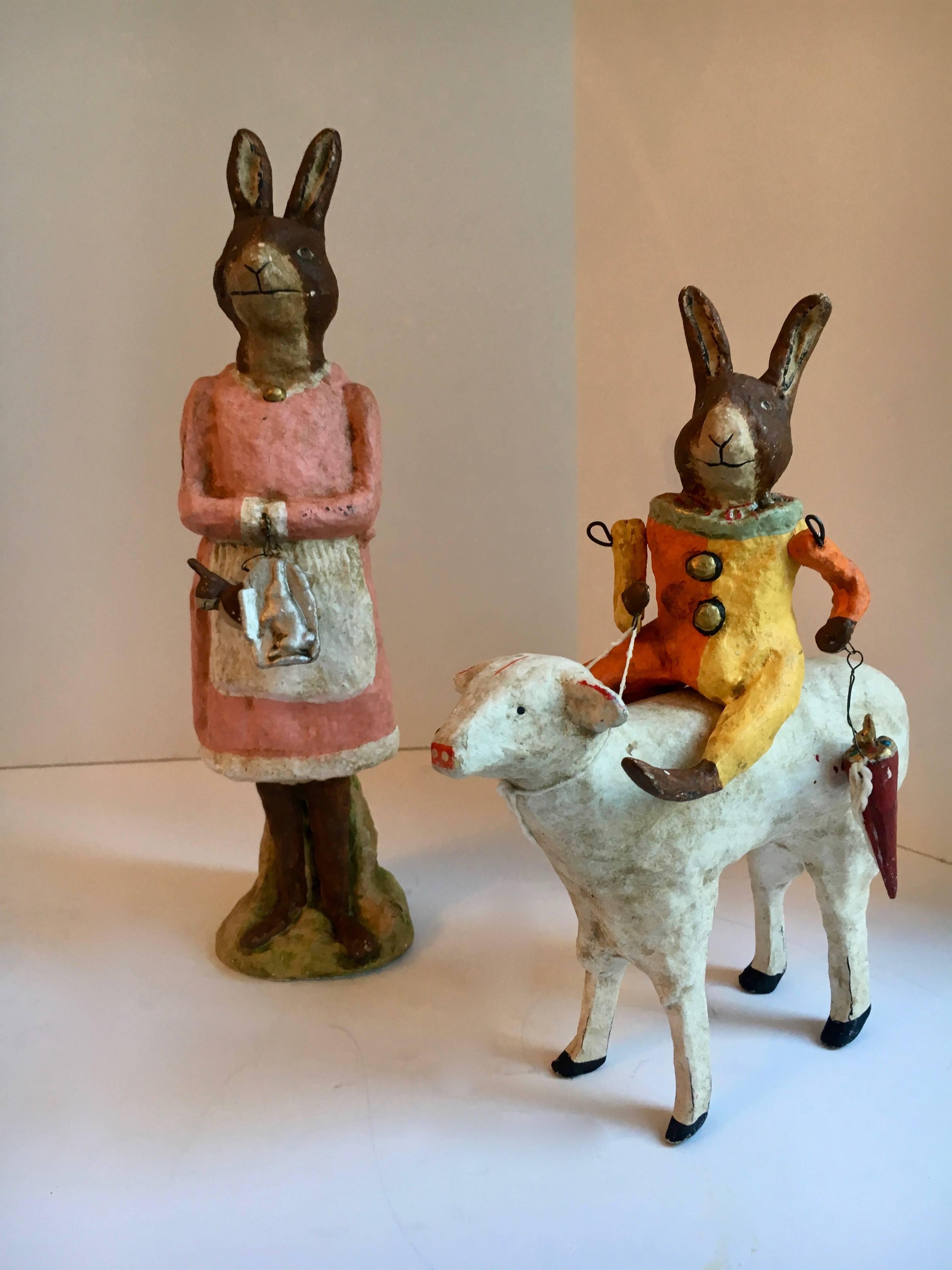 Signed Folk Art papier mâché rabbit figures, signed and numbered by Debbie Thibault, meticulously made and perfect for the collector or holiday, whimsical and colorful.