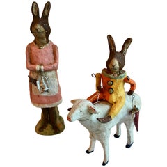 Signed Folk Art Papier Mâché Rabbit Figures