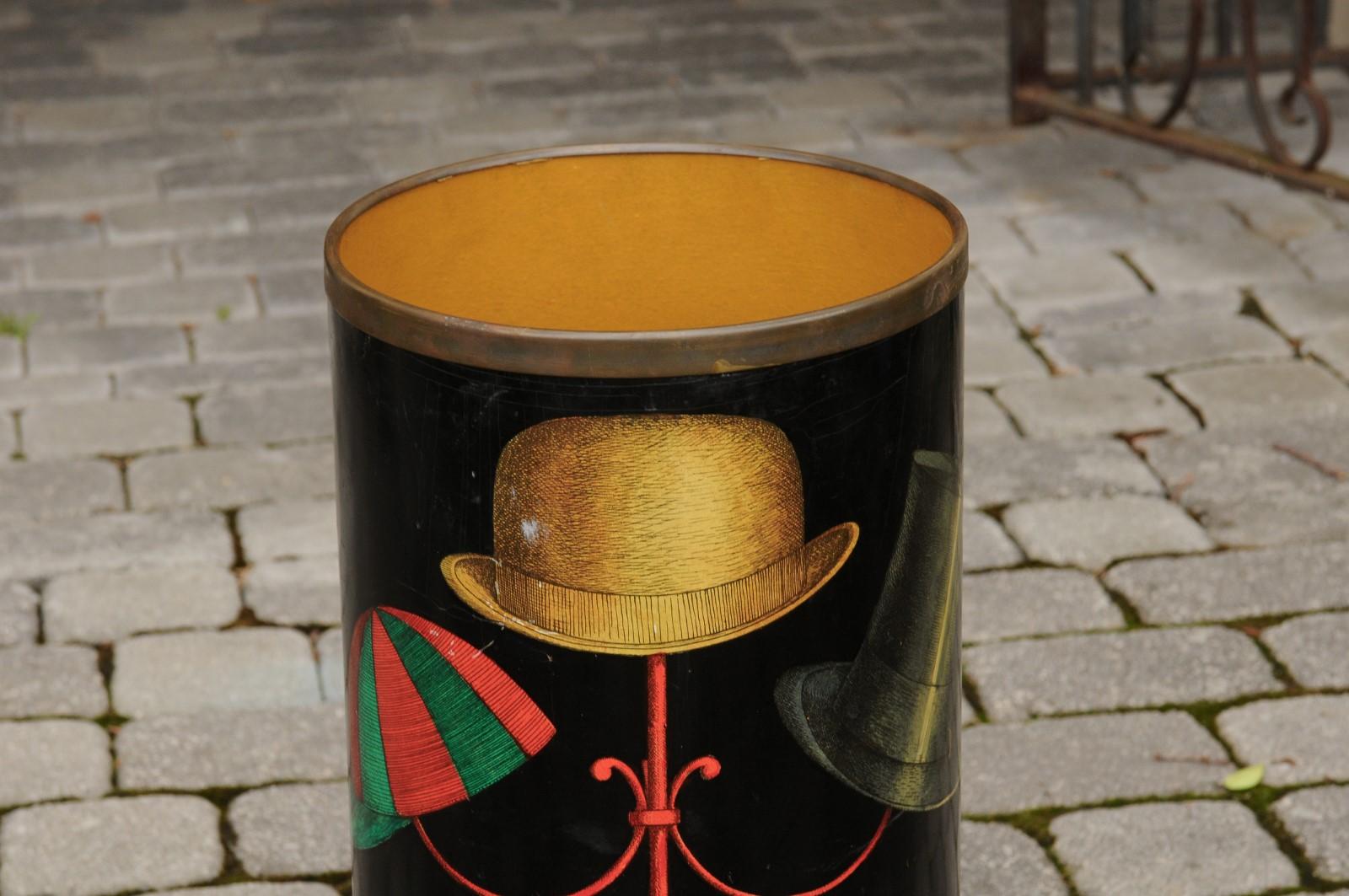 Mid-Century Modern Signed Fornasetti 1960s Vintage Black Lacquer Umbrella Stand with Hat Rack Decor