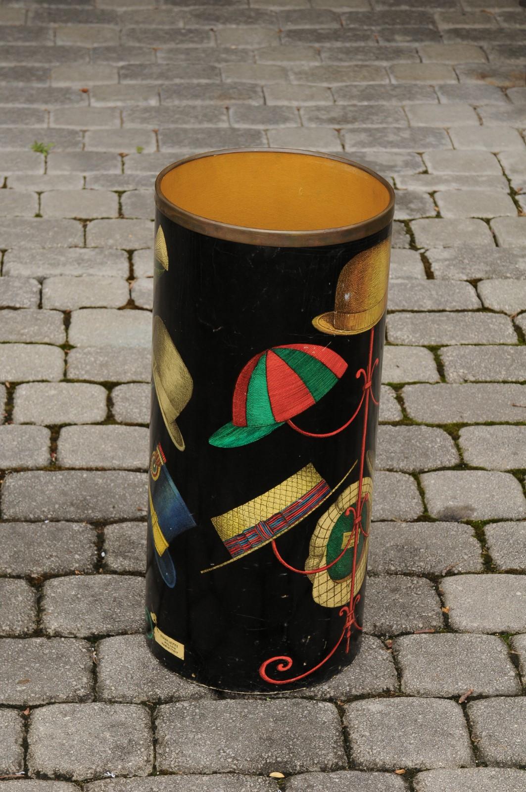 Signed Fornasetti 1960s Vintage Black Lacquer Umbrella Stand with Hat Rack Decor In Good Condition In Atlanta, GA