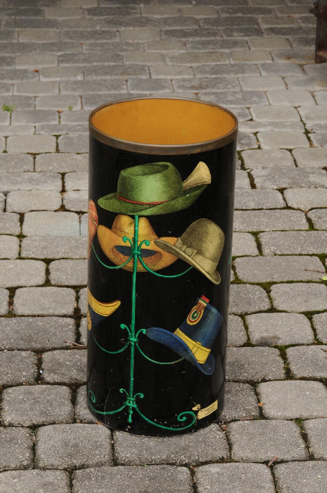 20th Century Signed Fornasetti 1960s Vintage Black Lacquer Umbrella Stand with Hat Rack Decor