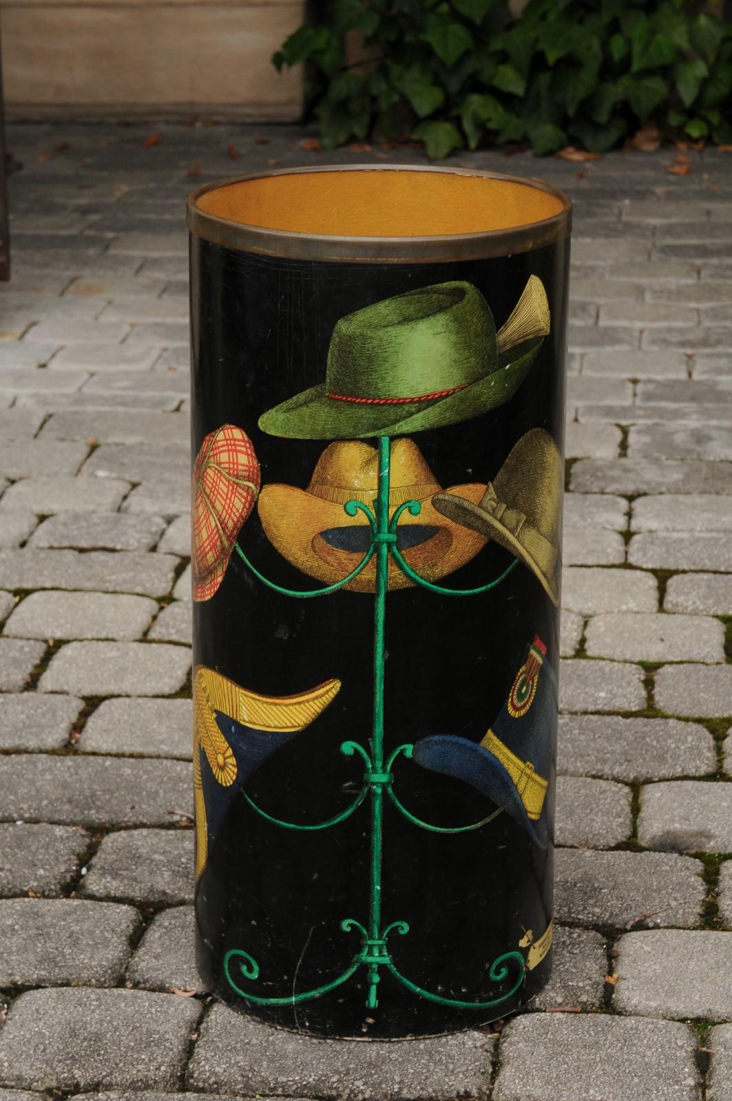 Brass Signed Fornasetti 1960s Vintage Black Lacquer Umbrella Stand with Hat Rack Decor