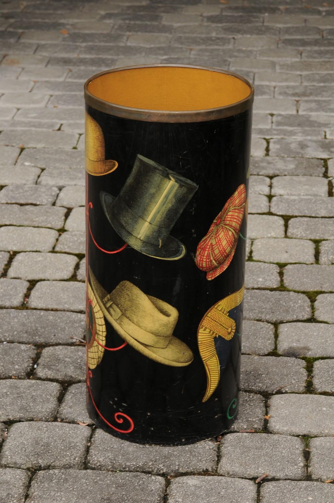 Signed Fornasetti 1960s Vintage Black Lacquer Umbrella Stand with Hat Rack Decor 1