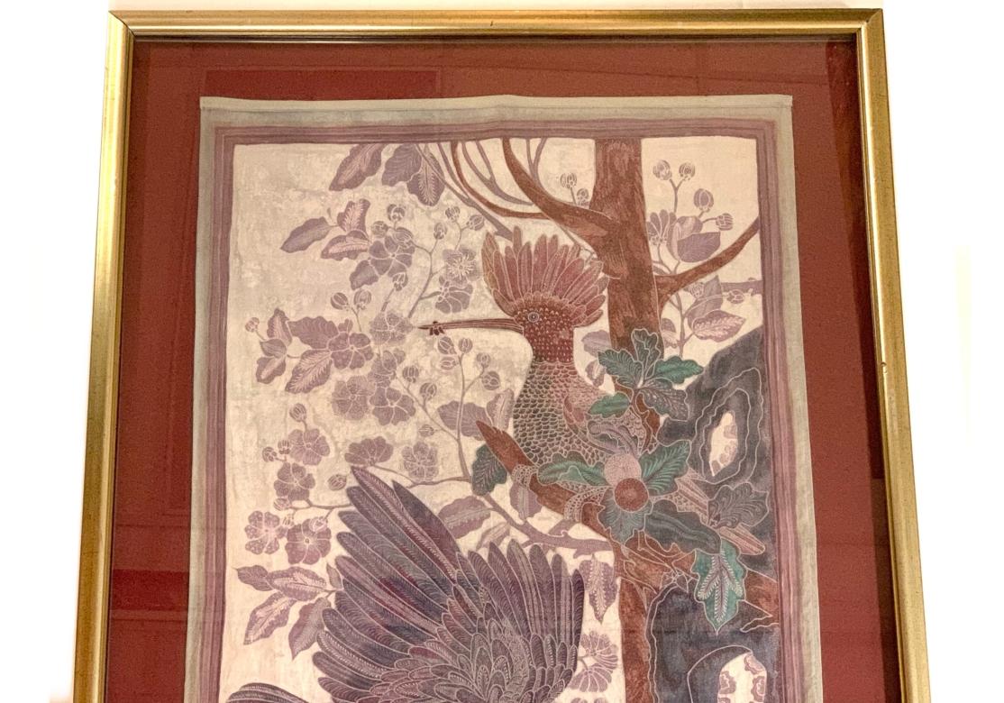 Signed Framed Asian Weaving With Flycatcher Bird Pair Theme For Sale 4