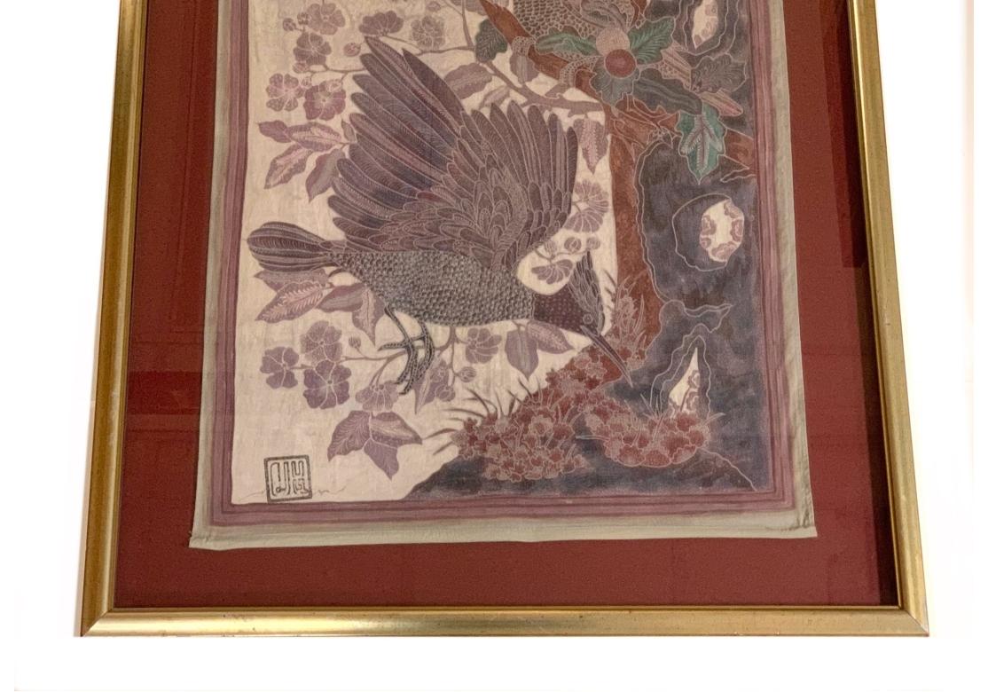 Signed Framed Asian Weaving With Flycatcher Bird Pair Theme For Sale 5