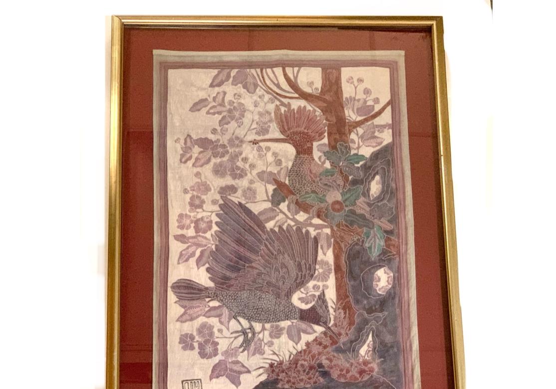 Signed Framed Asian Weaving With Flycatcher Bird Pair Theme For Sale 6