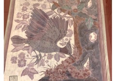 Signed Framed Asian Weaving With Flycatcher Bird Pair Theme